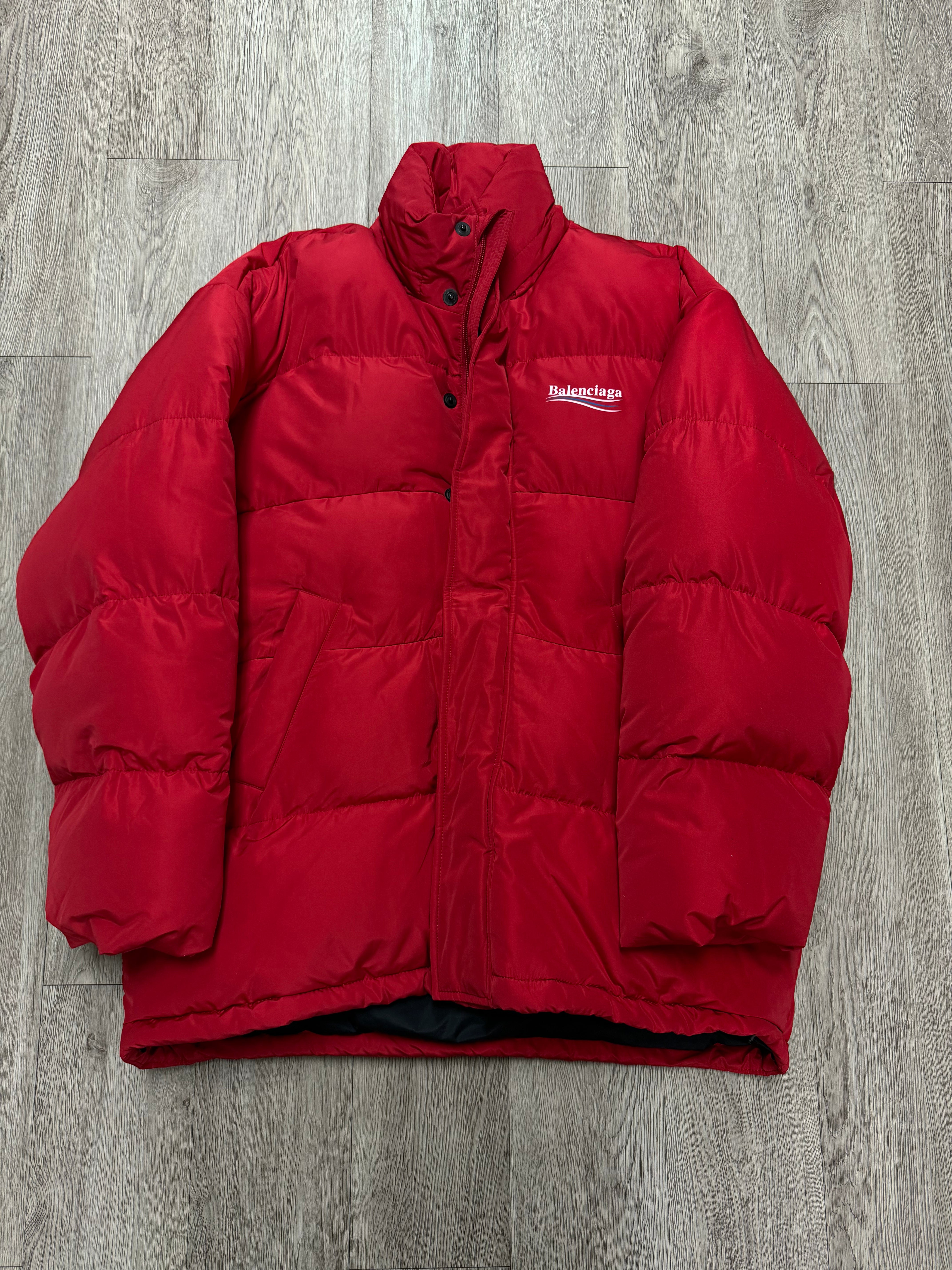 Balenciaga Red Campaign Logo Oversized Puffer Jacket