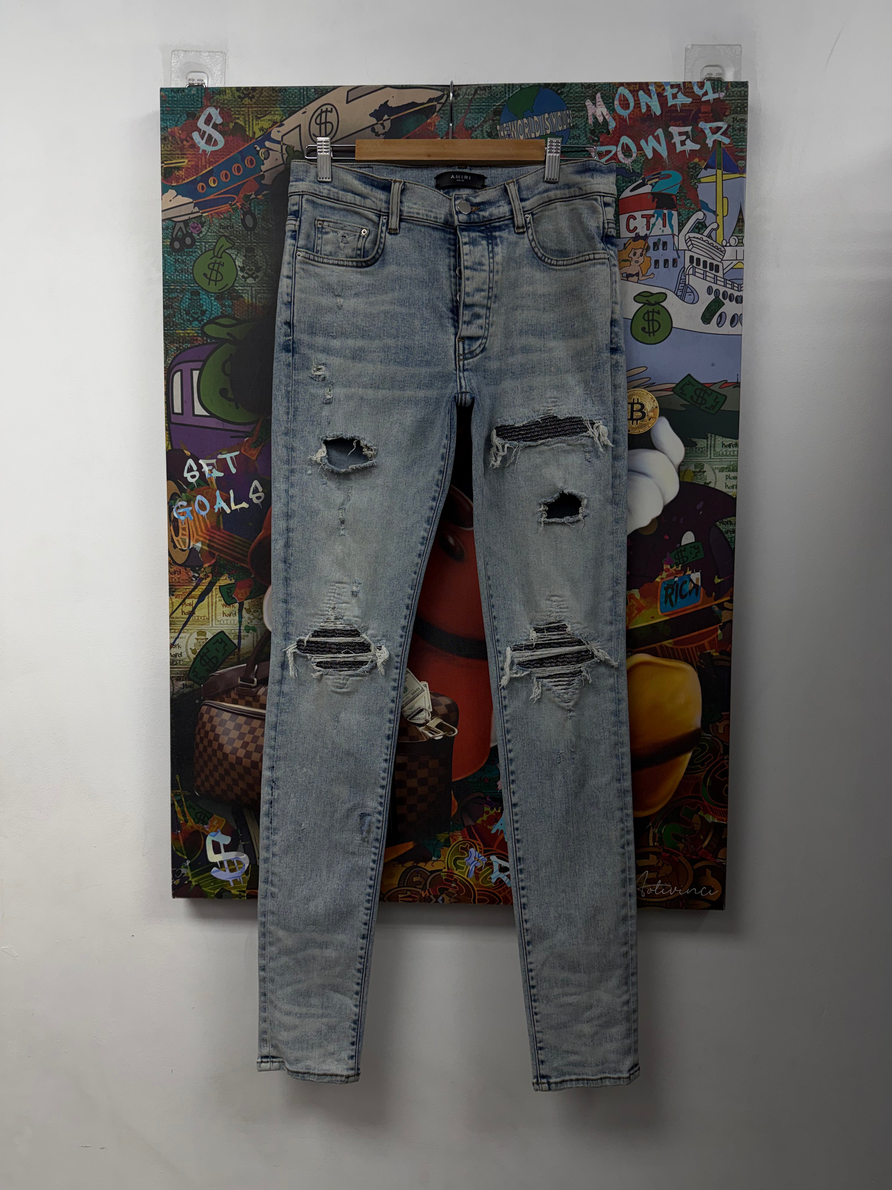 Amiri MX1 Light Wash Iridescent Patch Jeans (Repaired)