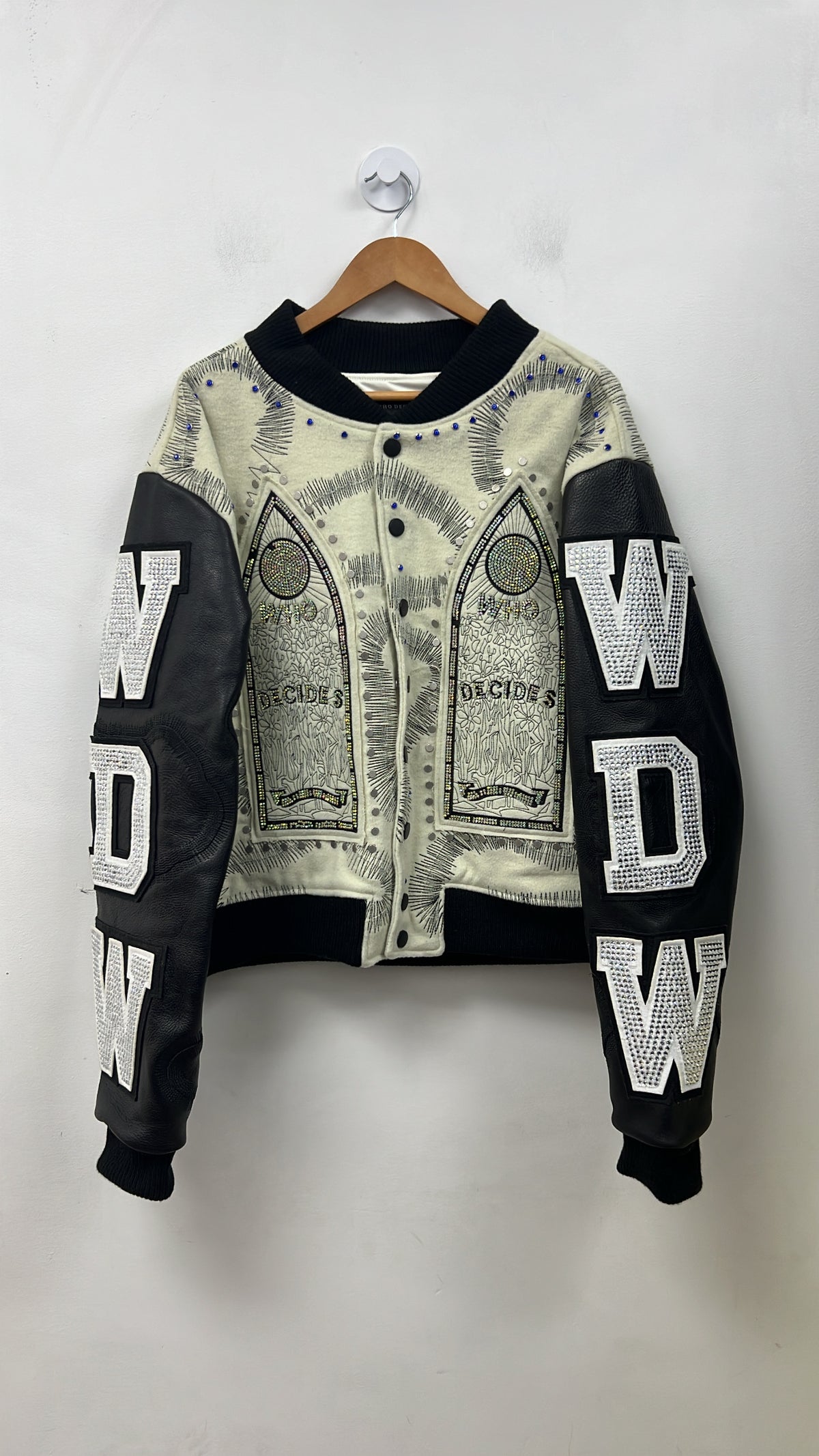 Who Decides War Black Cream Rhinestone Studded Varsity Jacket