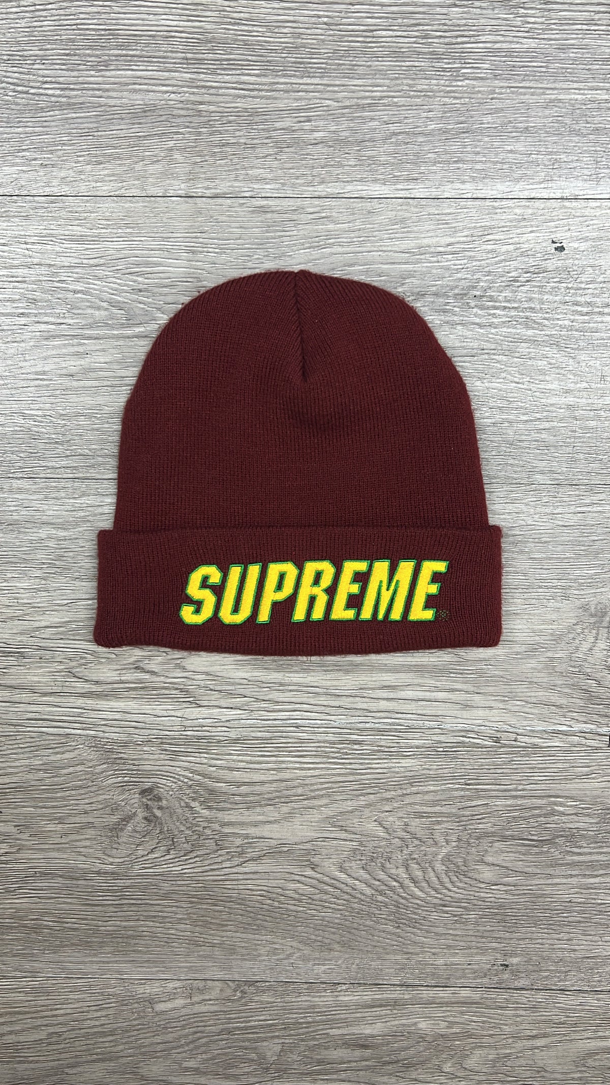 Supreme Maroon Yellow Logo Beanie