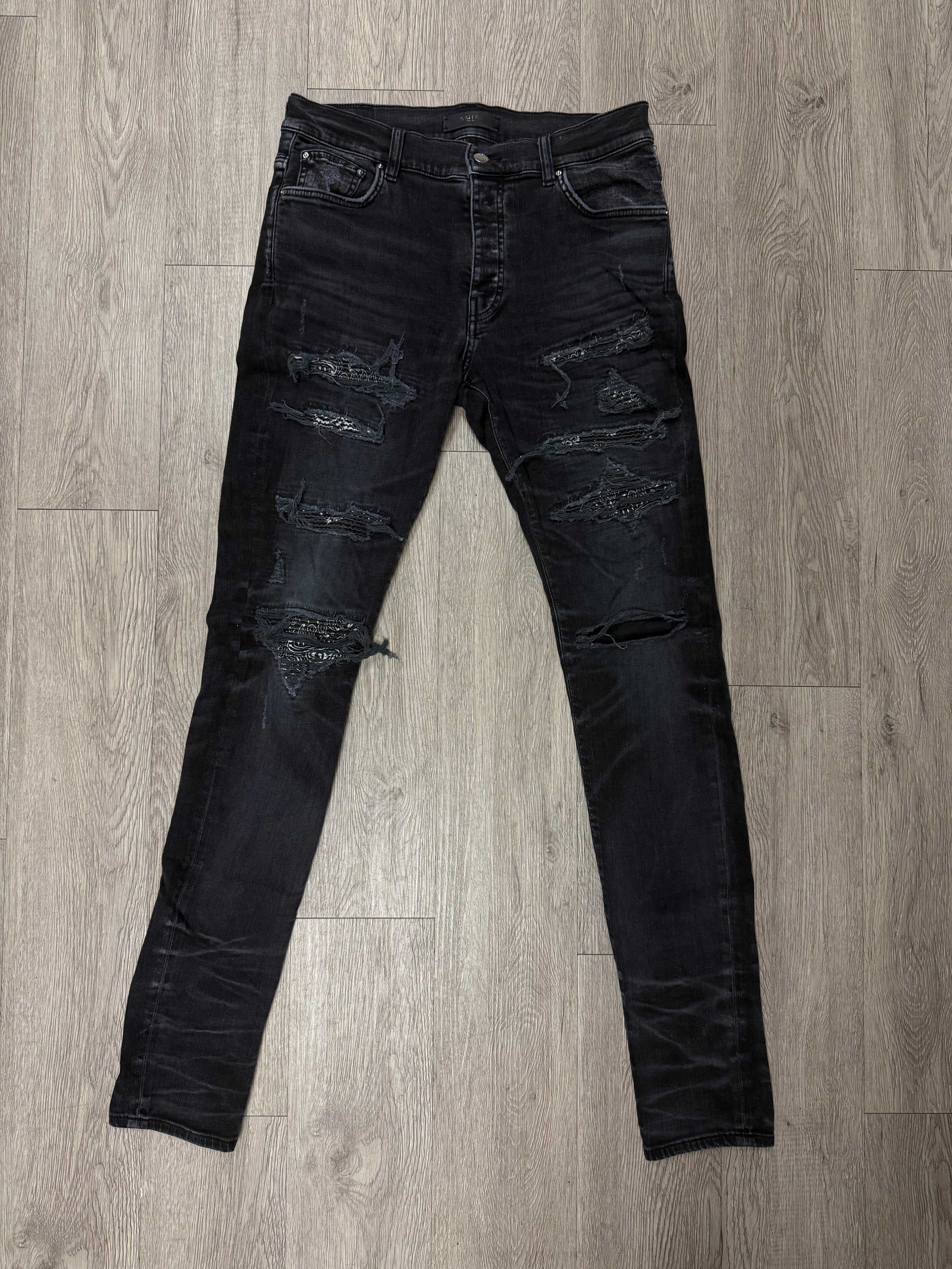 Amiri Black Wash Paisley Thrasher Patch Jeans