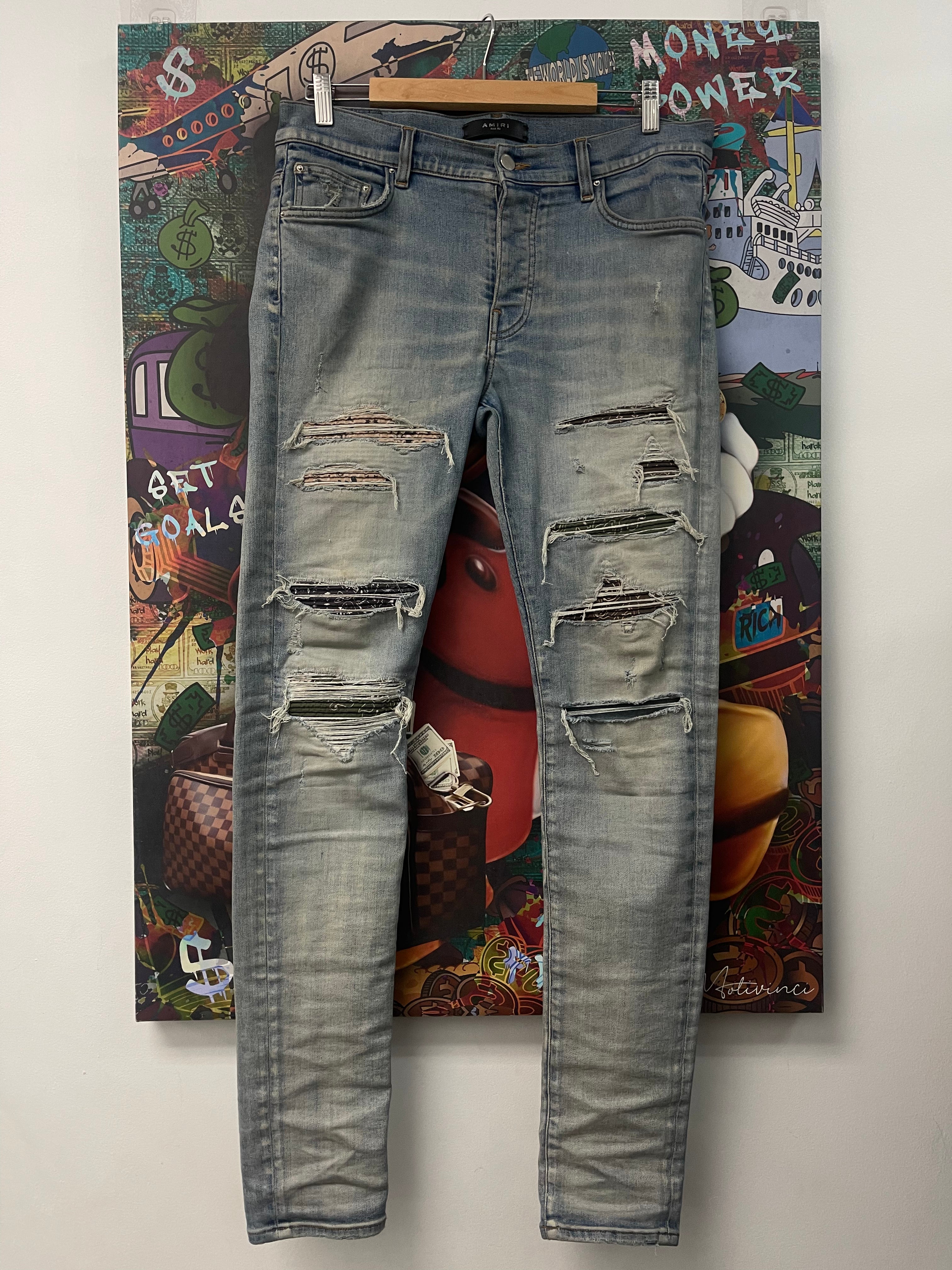 Amiri Light Wash Brown Olive Paisley Thrasher Jeans