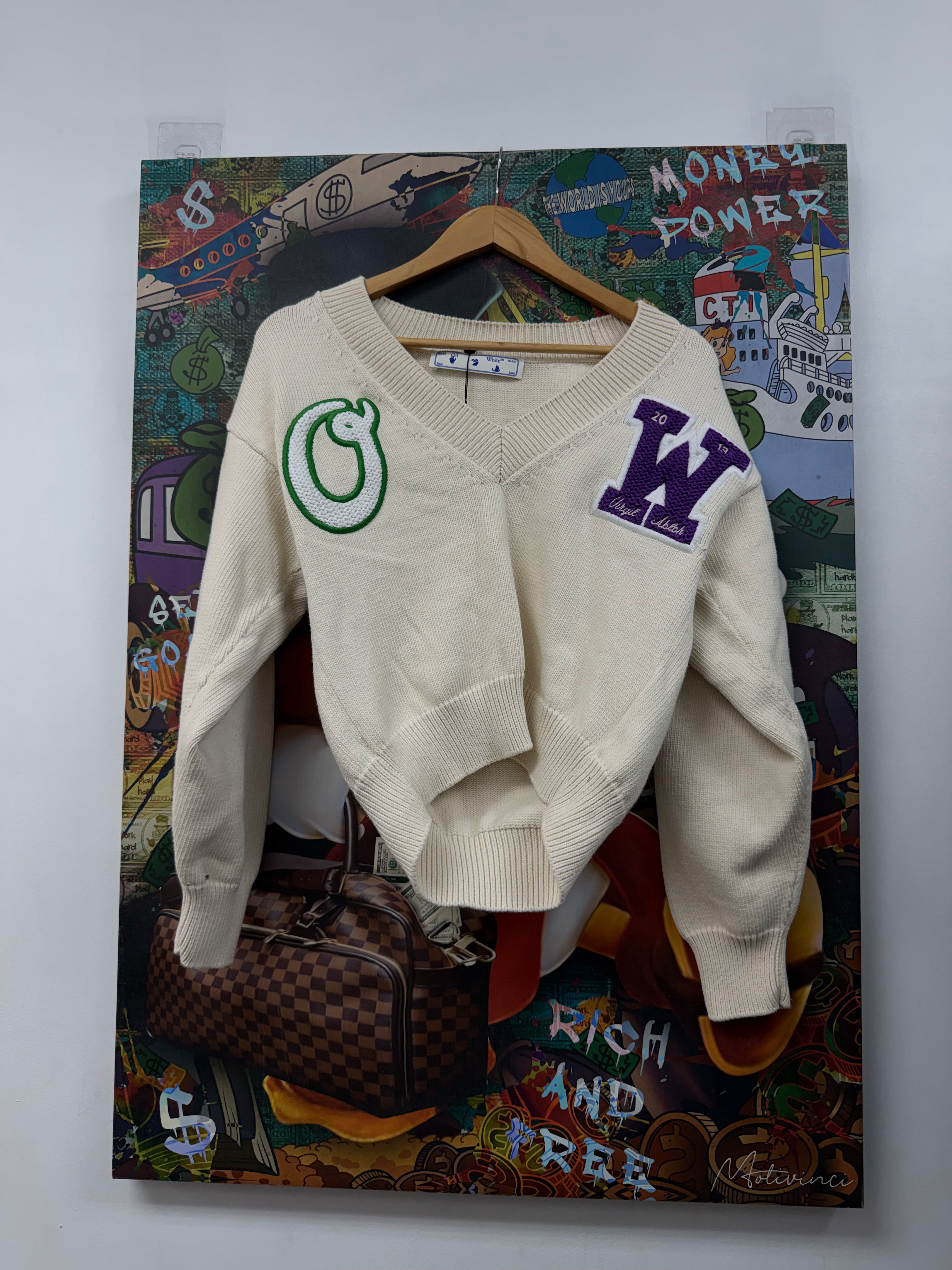 Off White Cream Purple Green Varsity Patch Knit (42) Sweater