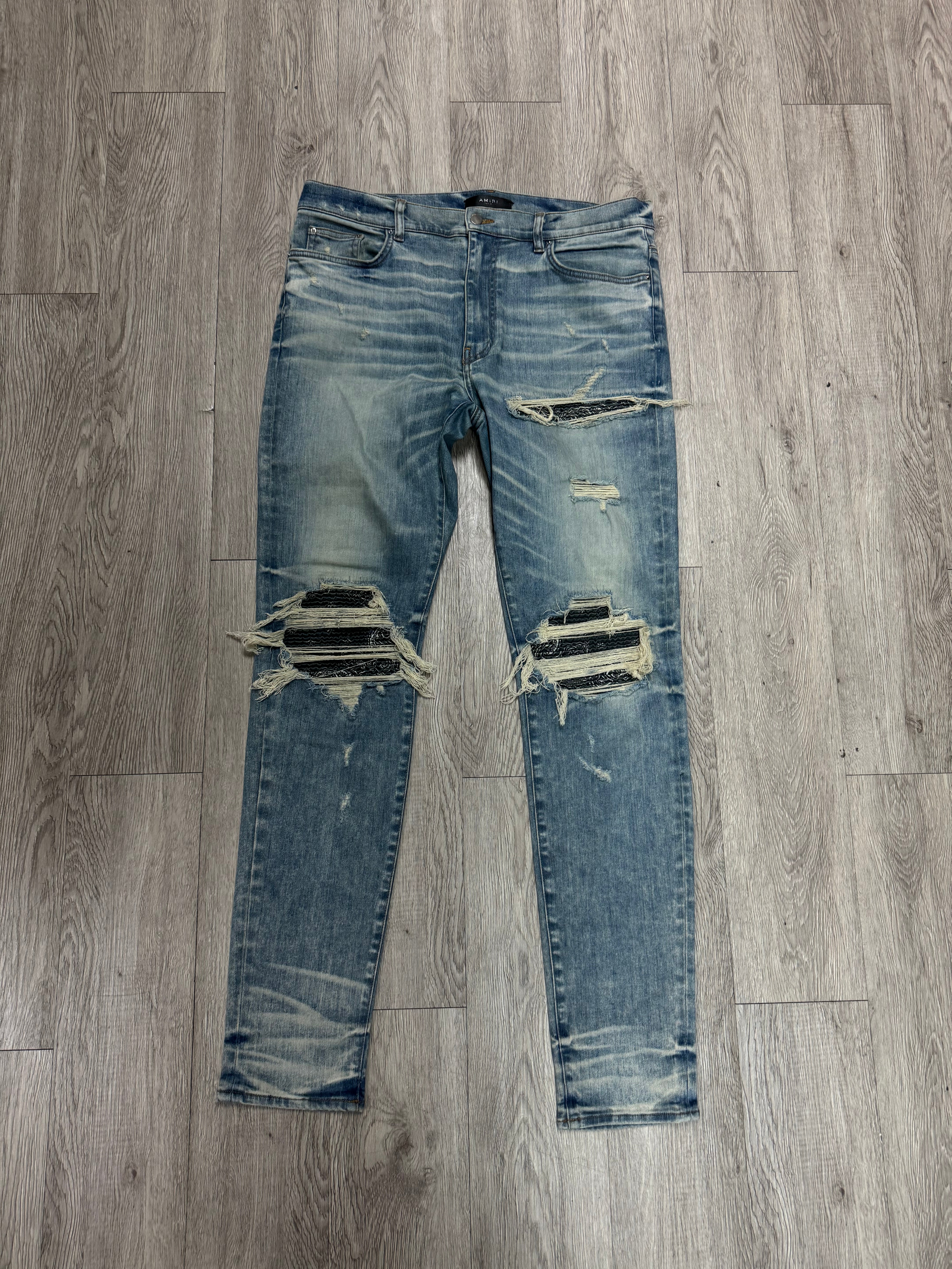 Amiri MX1 Aged Wash Black Paisley Patch Jeans