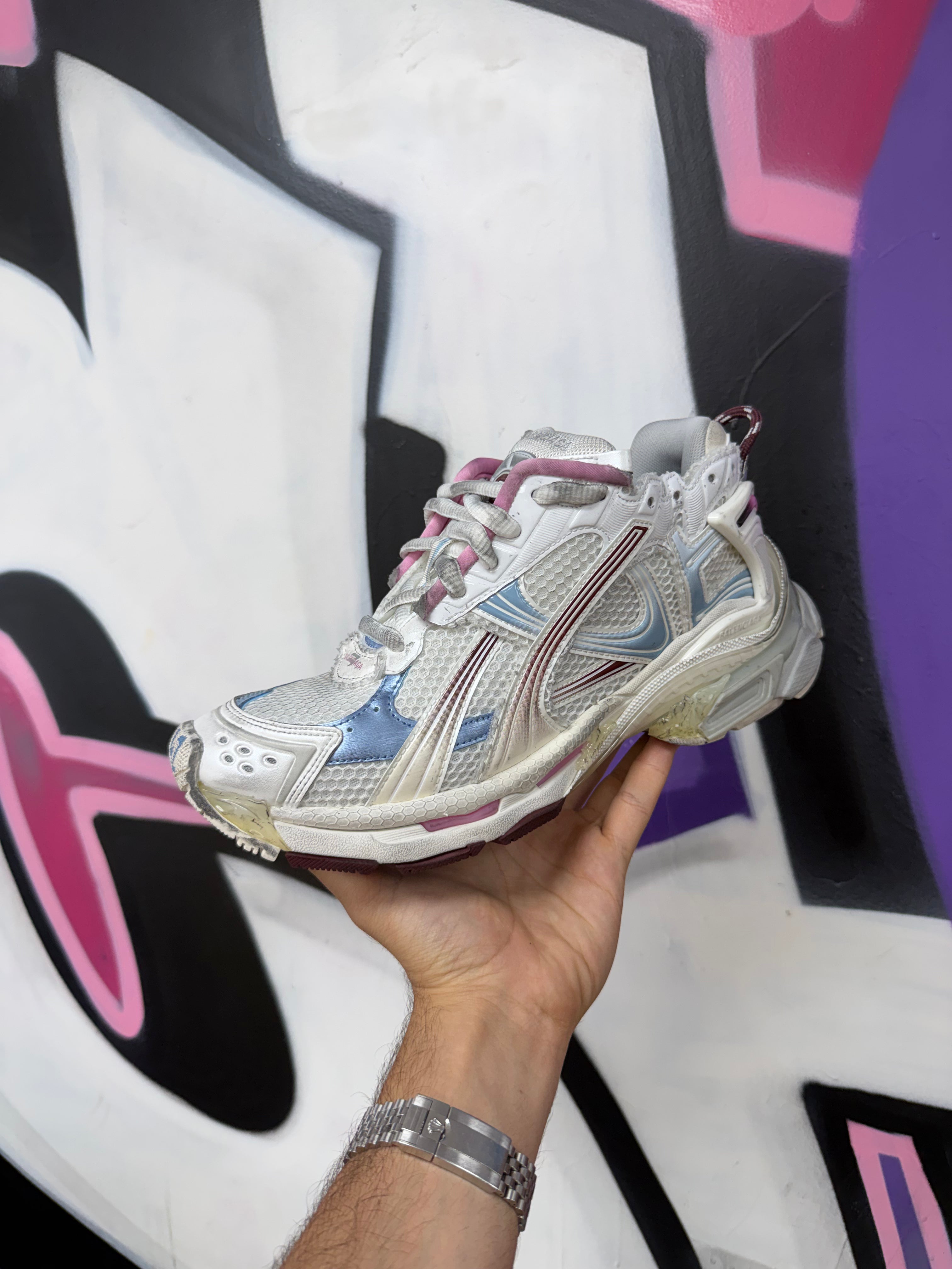 Balenciaga White Blue Pink Mesh Runner Sneakers