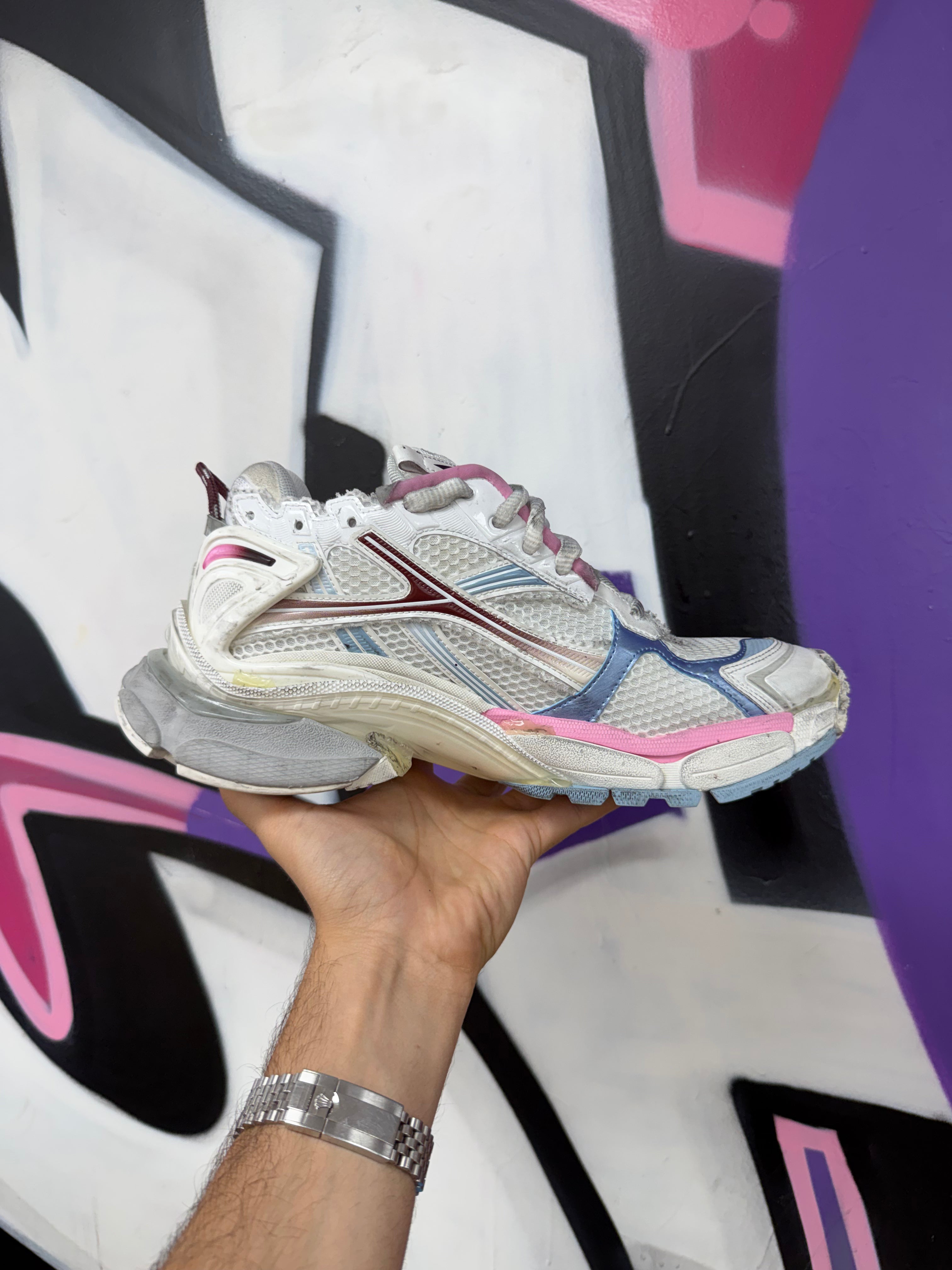 Balenciaga White Blue Pink Mesh Runner Sneakers