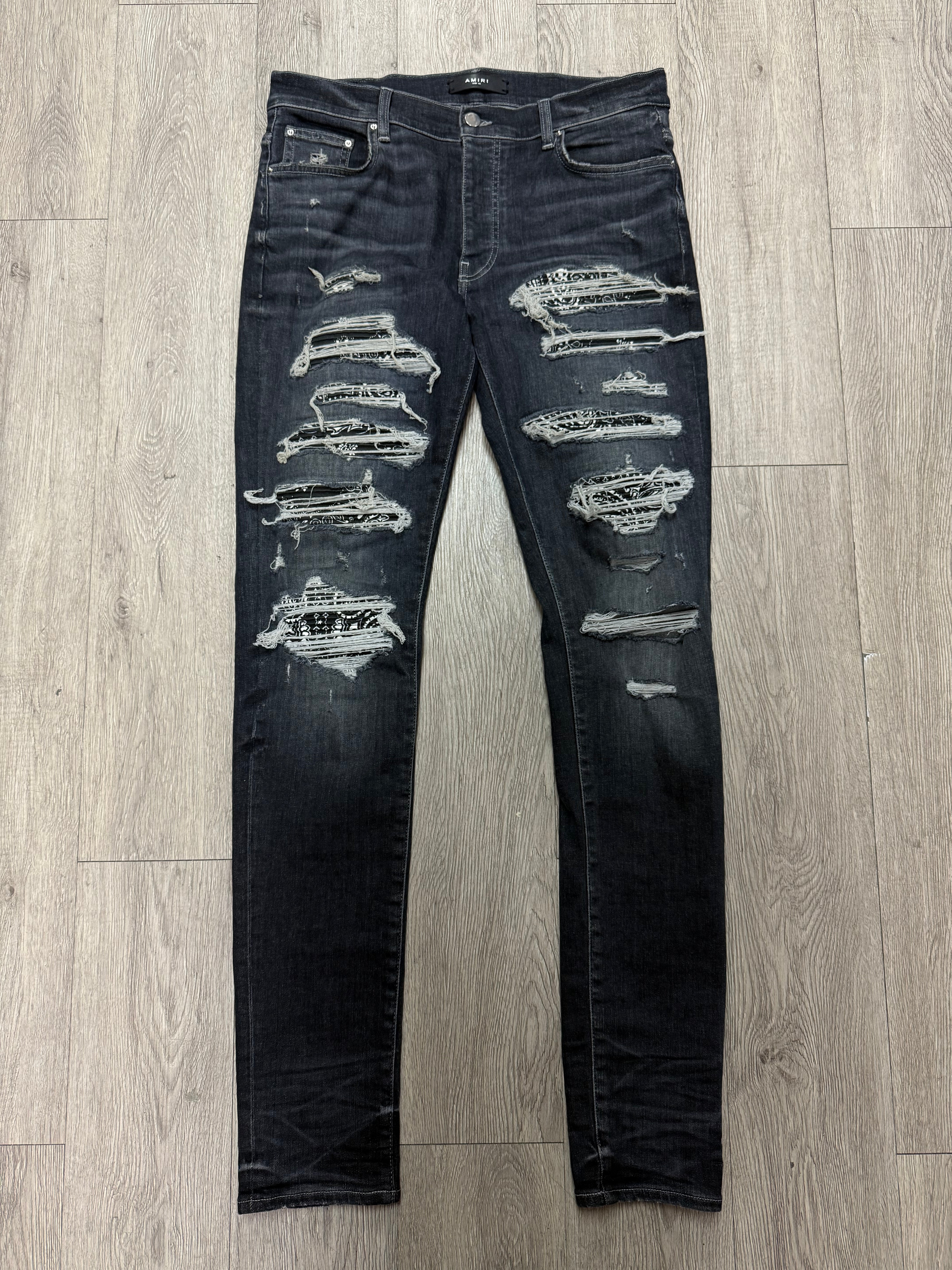 Amiri Grey Black Paisley Thrasher Patch Jeans