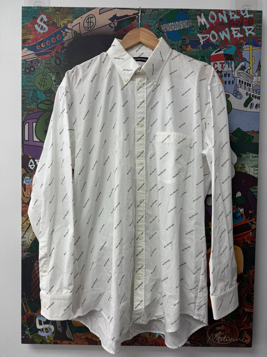 Balenciaga White All Over Multi Logo Button Up Shirt New XL