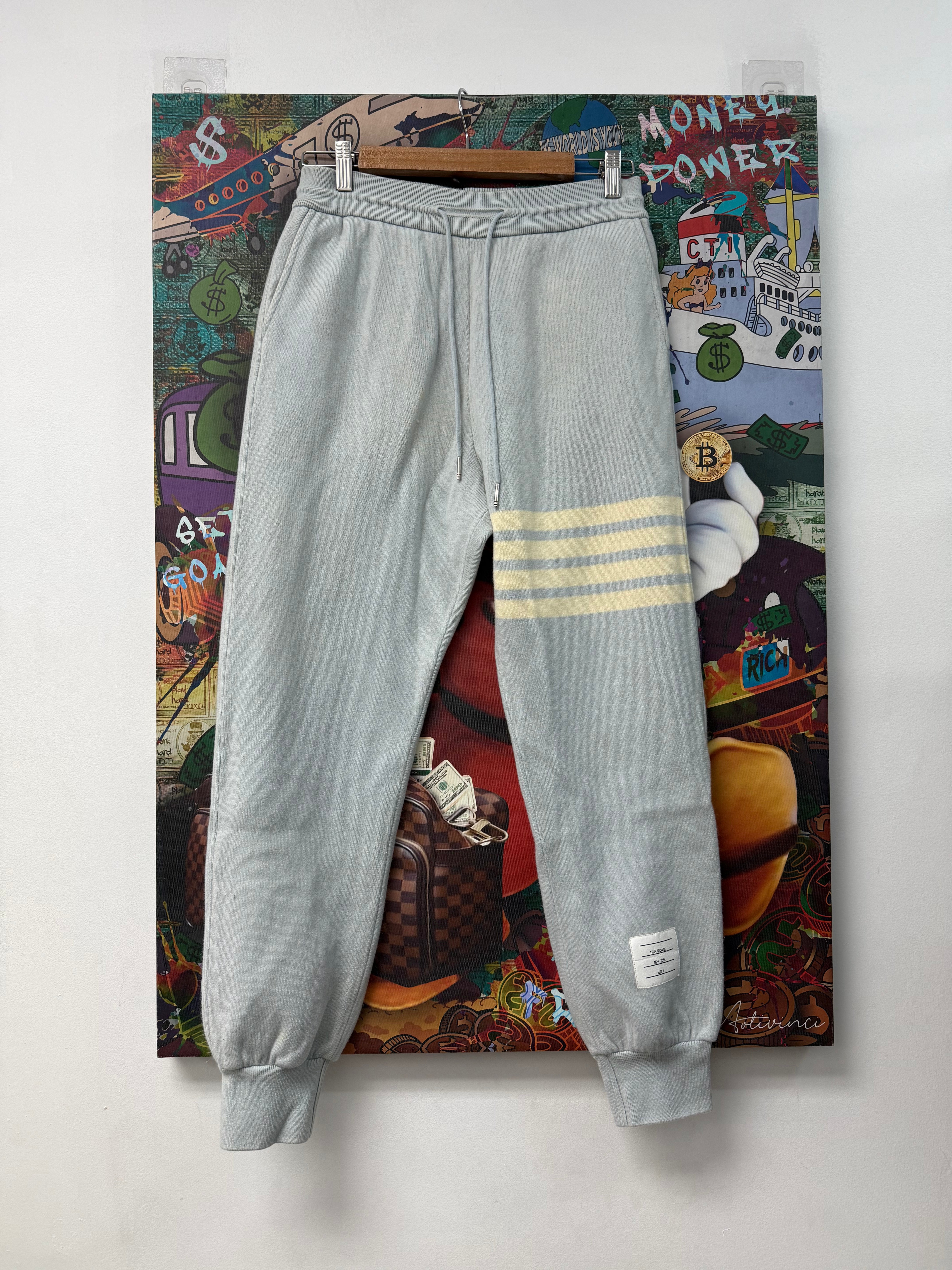 Thom Browne Light Blue Cream Bar Sweatpants