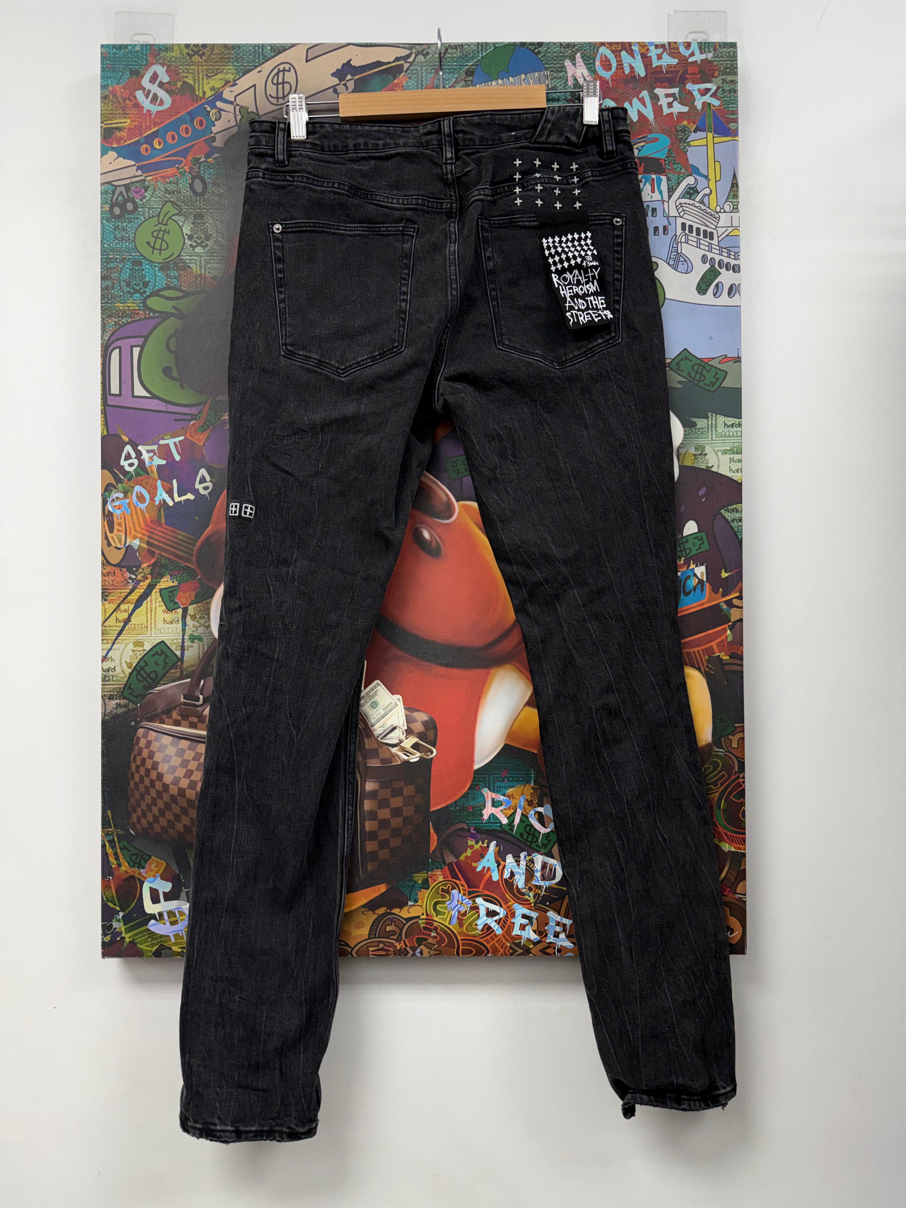 Ksubi Grey Wash Knee Ripped Writing Jeans