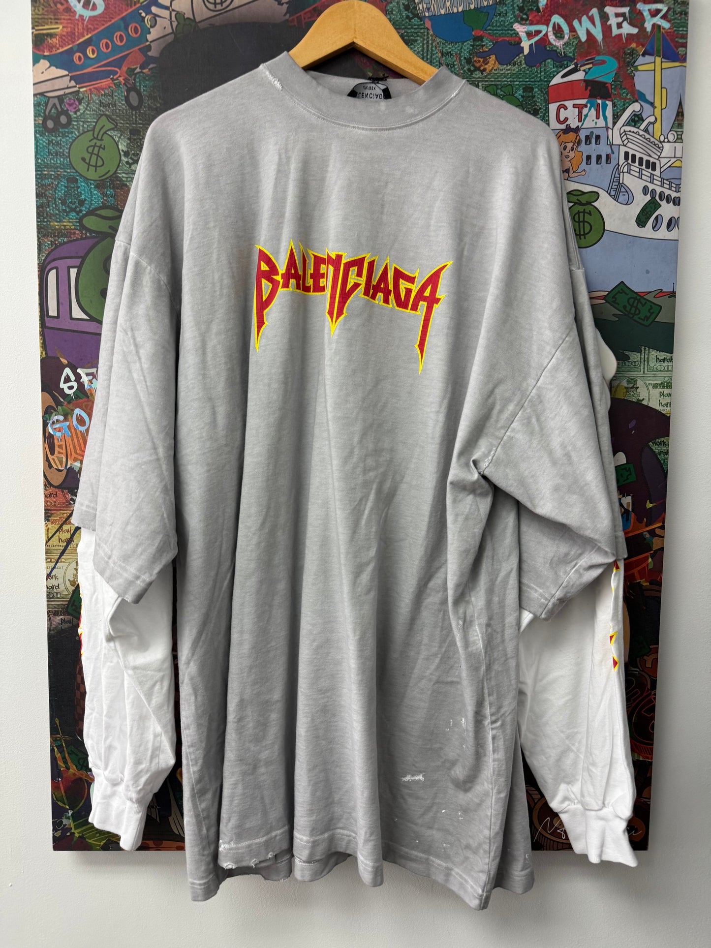 Balenciaga Gray Thermal Double SleeveRetro Logo Tee New Large