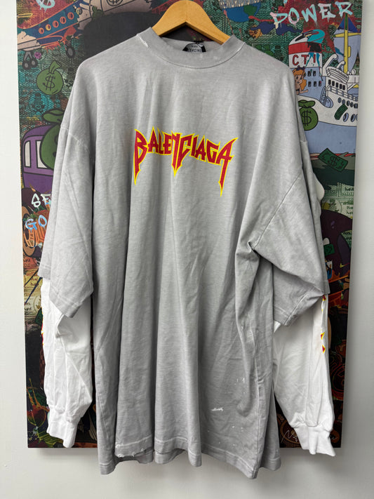 Balenciaga Gray Thermal Double SleeveRetro Logo Tee New Large