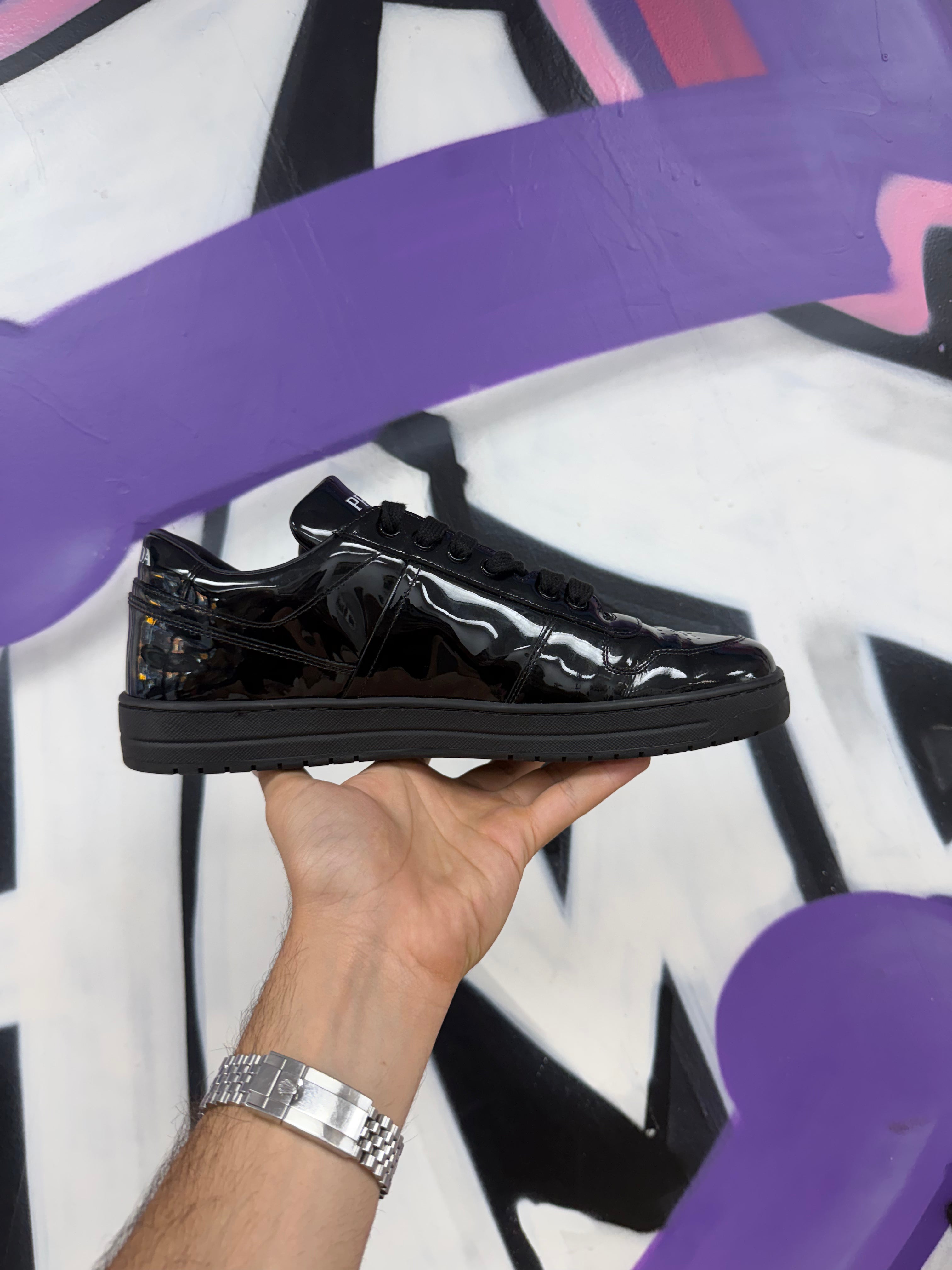 Prada Black Patent Triangle Sneakers