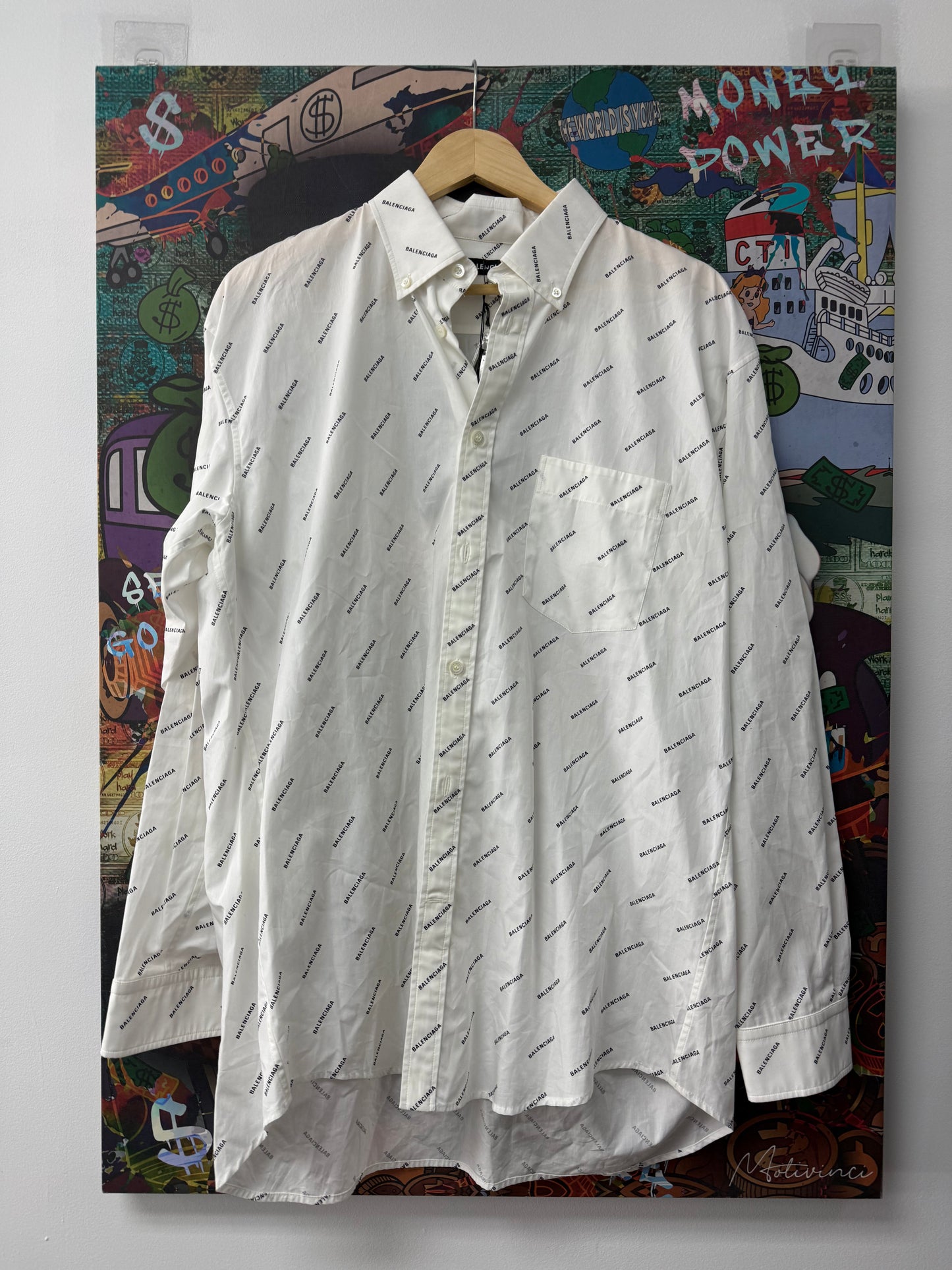 Balenciaga White All Over Multi Logo Button Up Shirt New XL