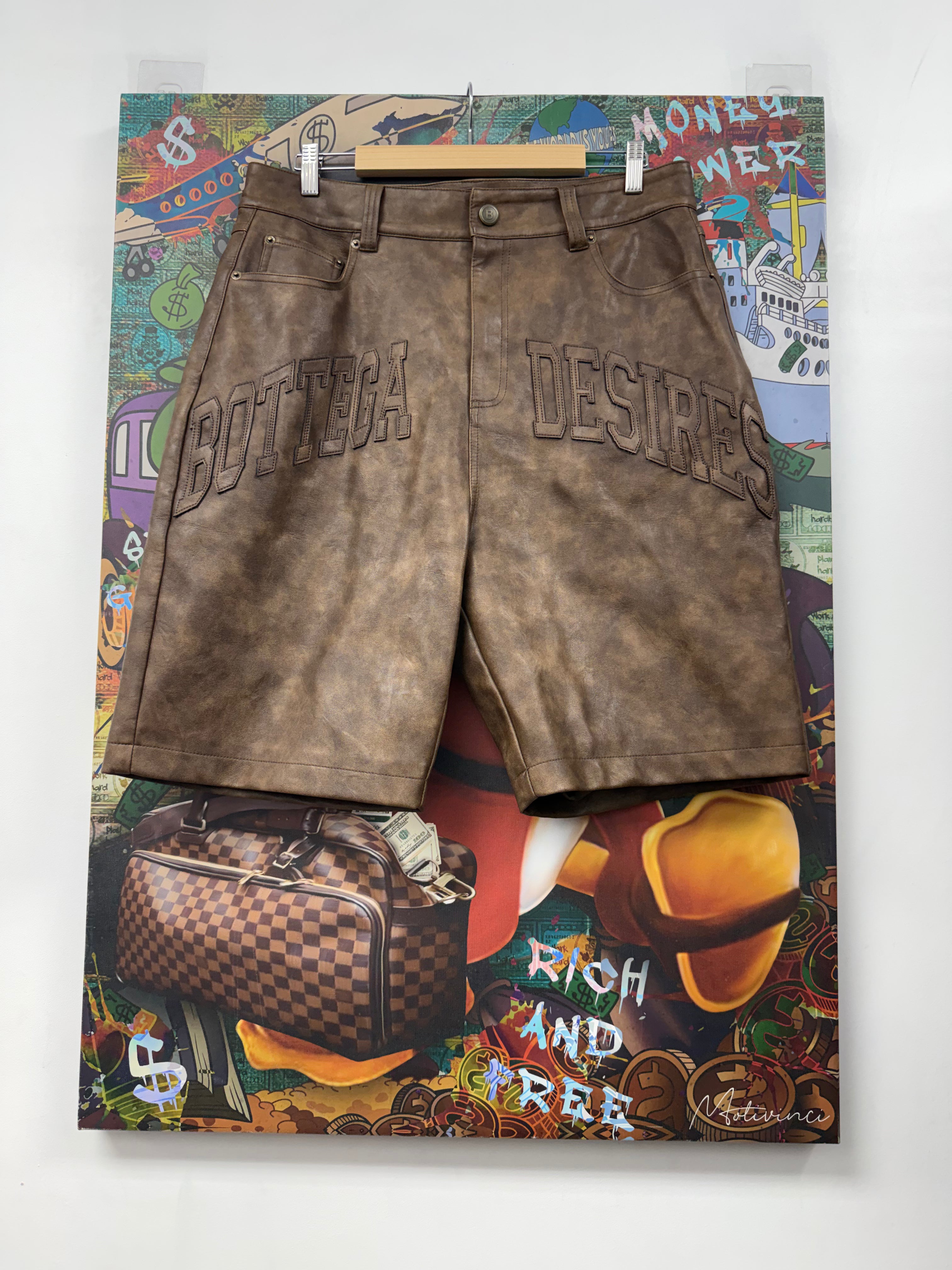 Bottega Desires Brown Leather Logo Jean Shorts