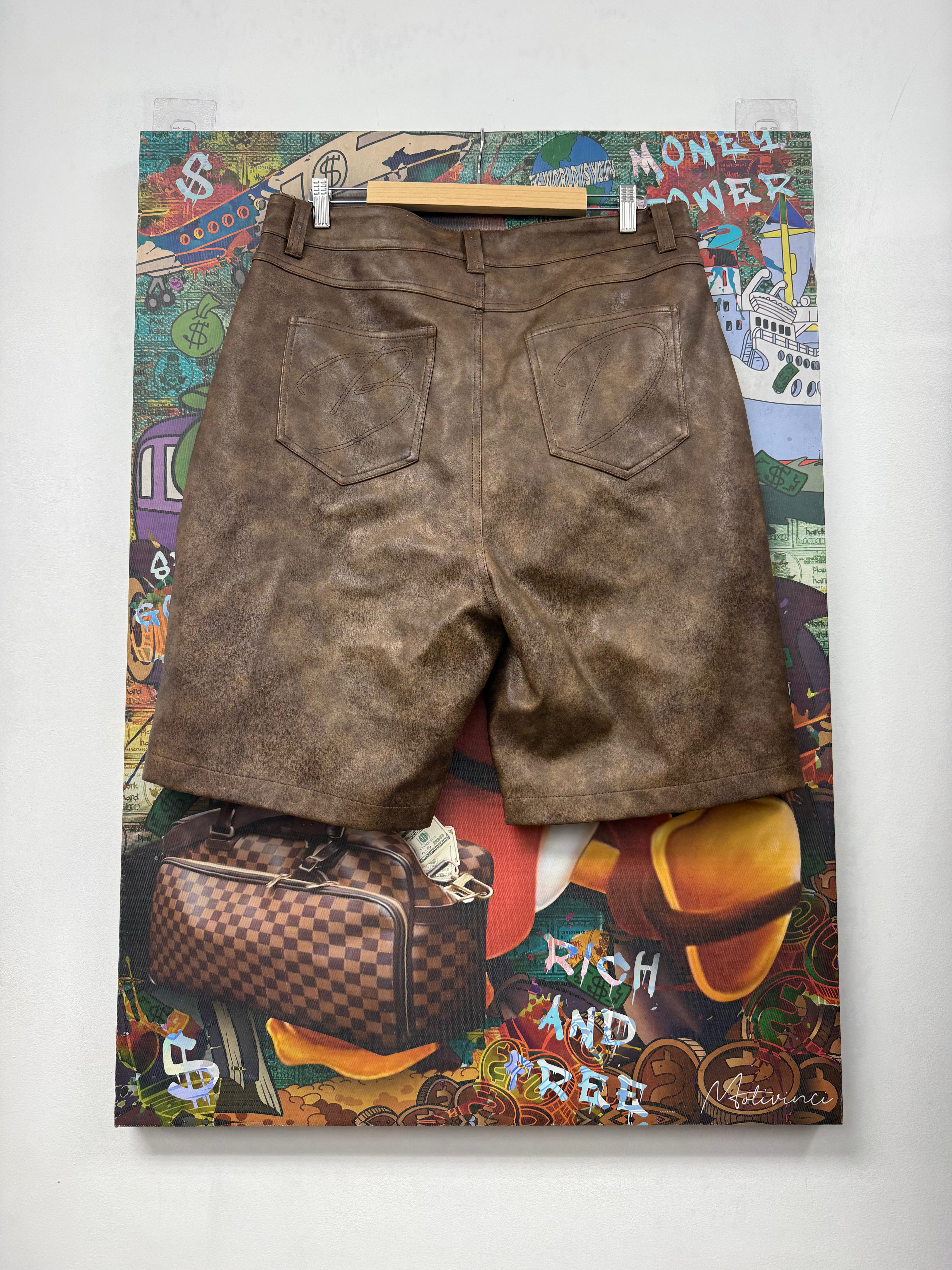 Bottega Desires Brown Leather Logo Jean Shorts