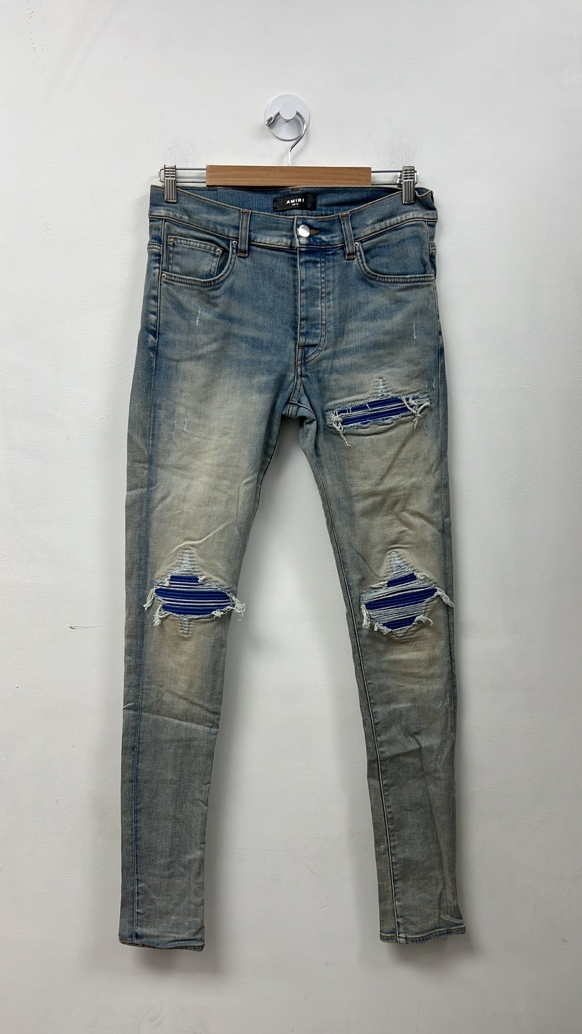 Amiri MX1 Light Wash Blue Suede Patch Jeans