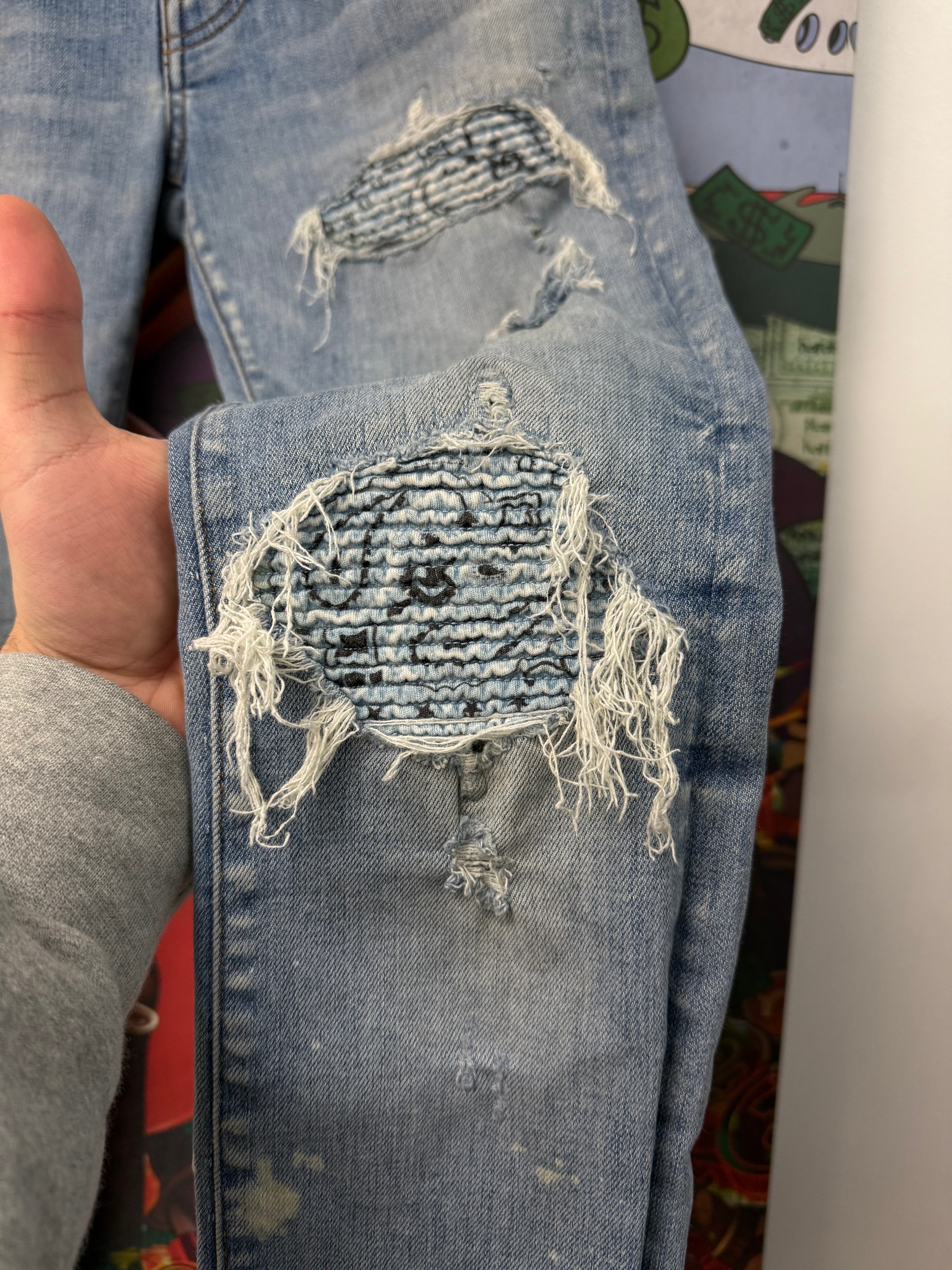 Amiri Light Wash Baby Blue Paisley Patch MX1 Jeans