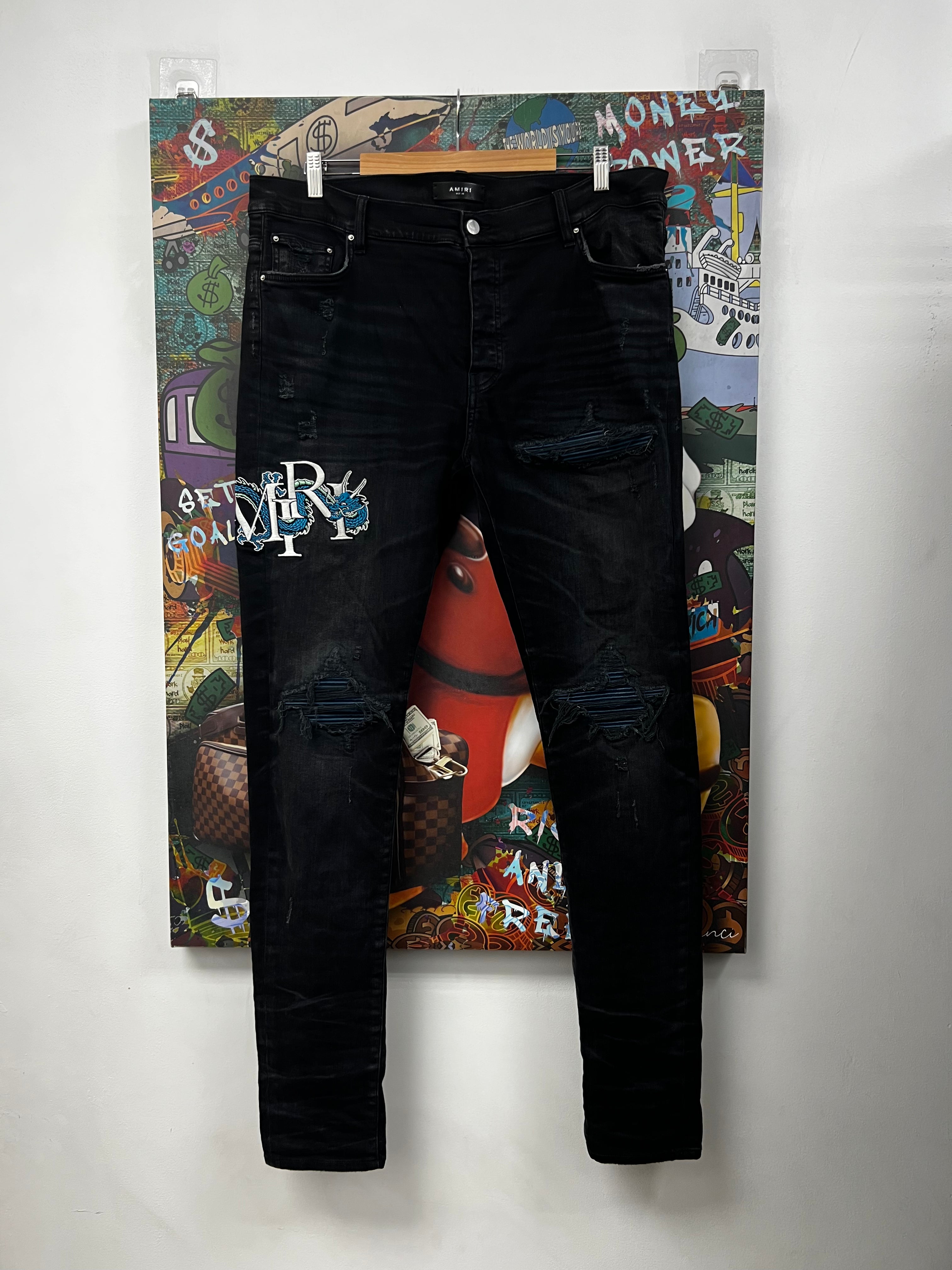 Amiri MX1 Black Wash Dragon Patch Jeans