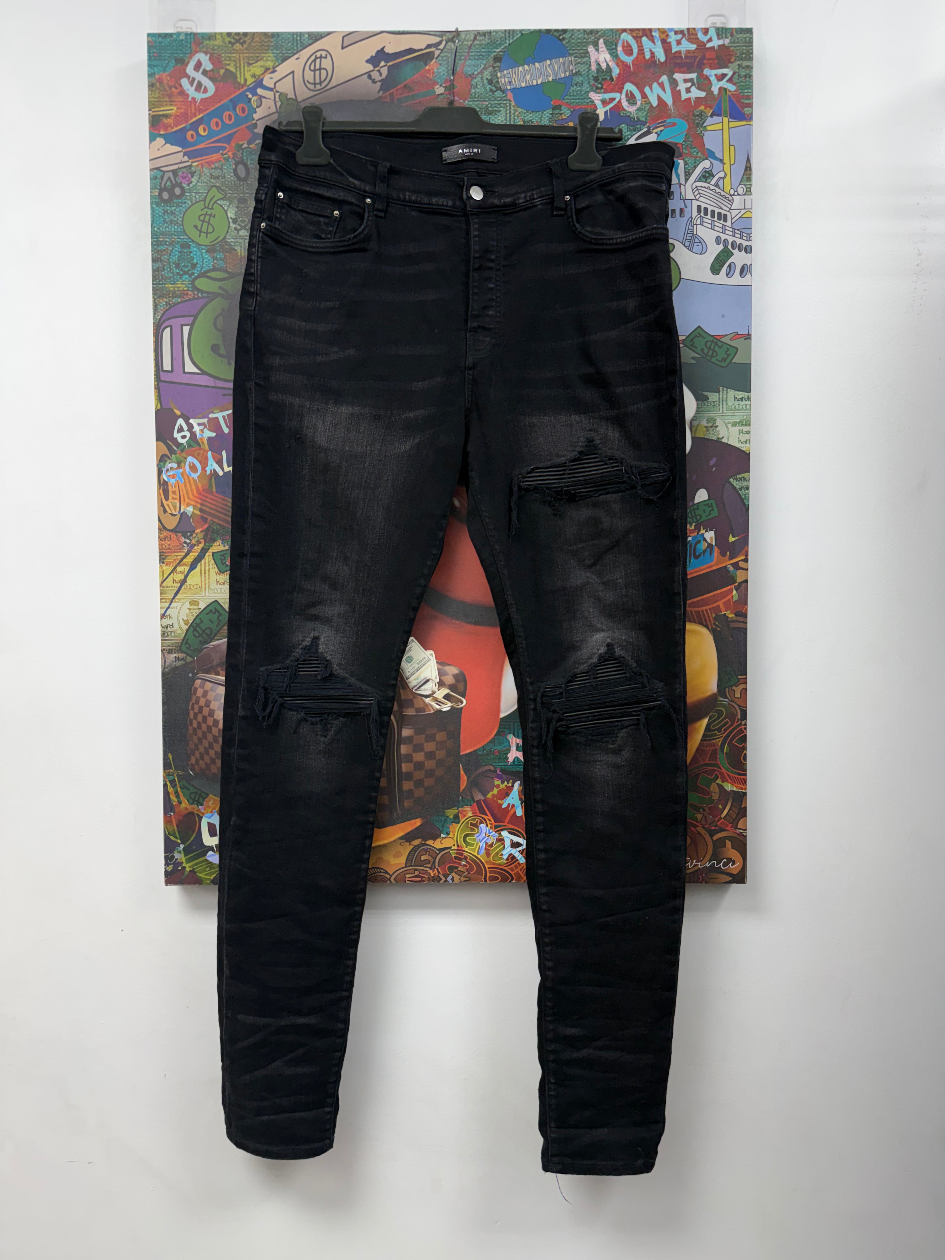 Amiri MX1 Faded Black Black Leather Patch Jeans