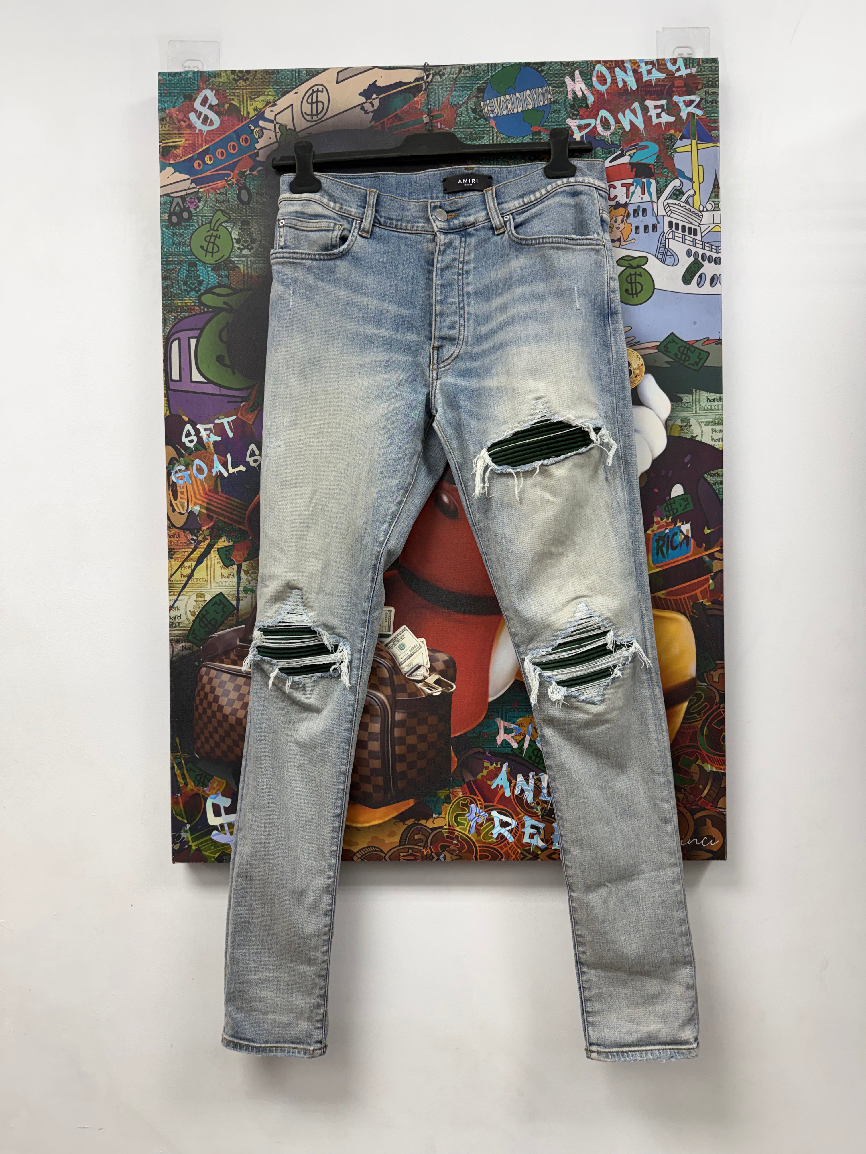 Amiri Light Wash Dark Green Ultra Suede Patch Jeans