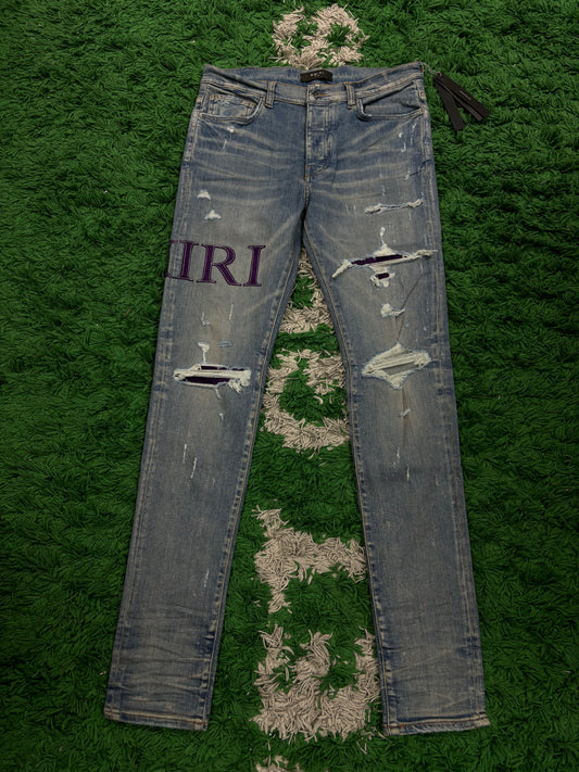 Amiri Jeans Light Wash Purple Serif Side Logo New