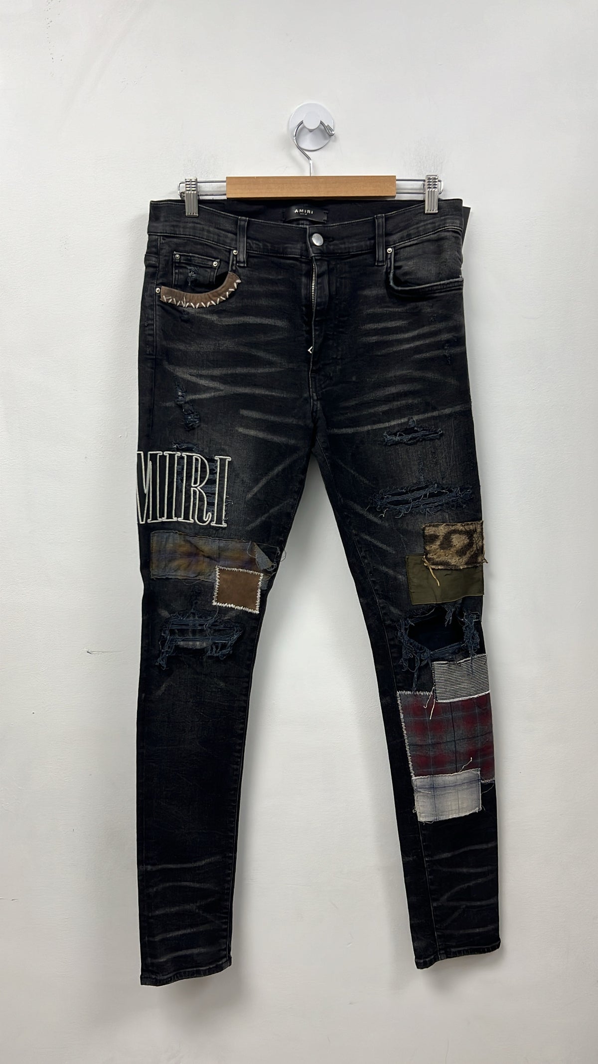 Amiri Black Wash Wool Plaid Side Logo Patchwork Jeans