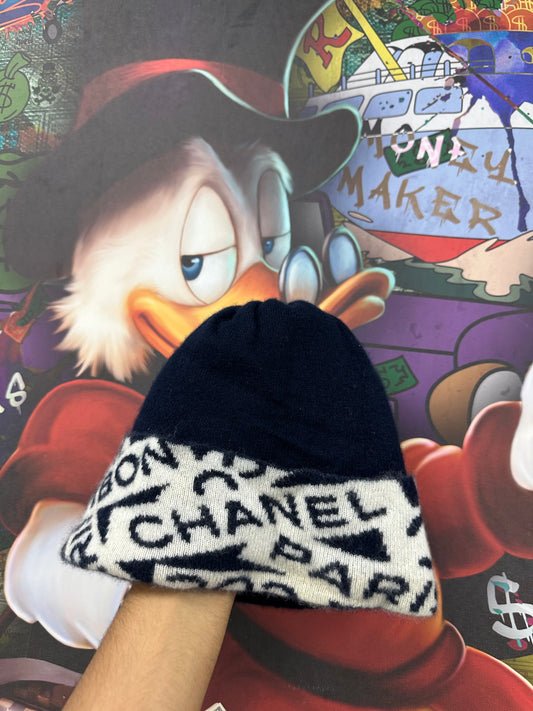 Chanel Beanie Navy White Used OS