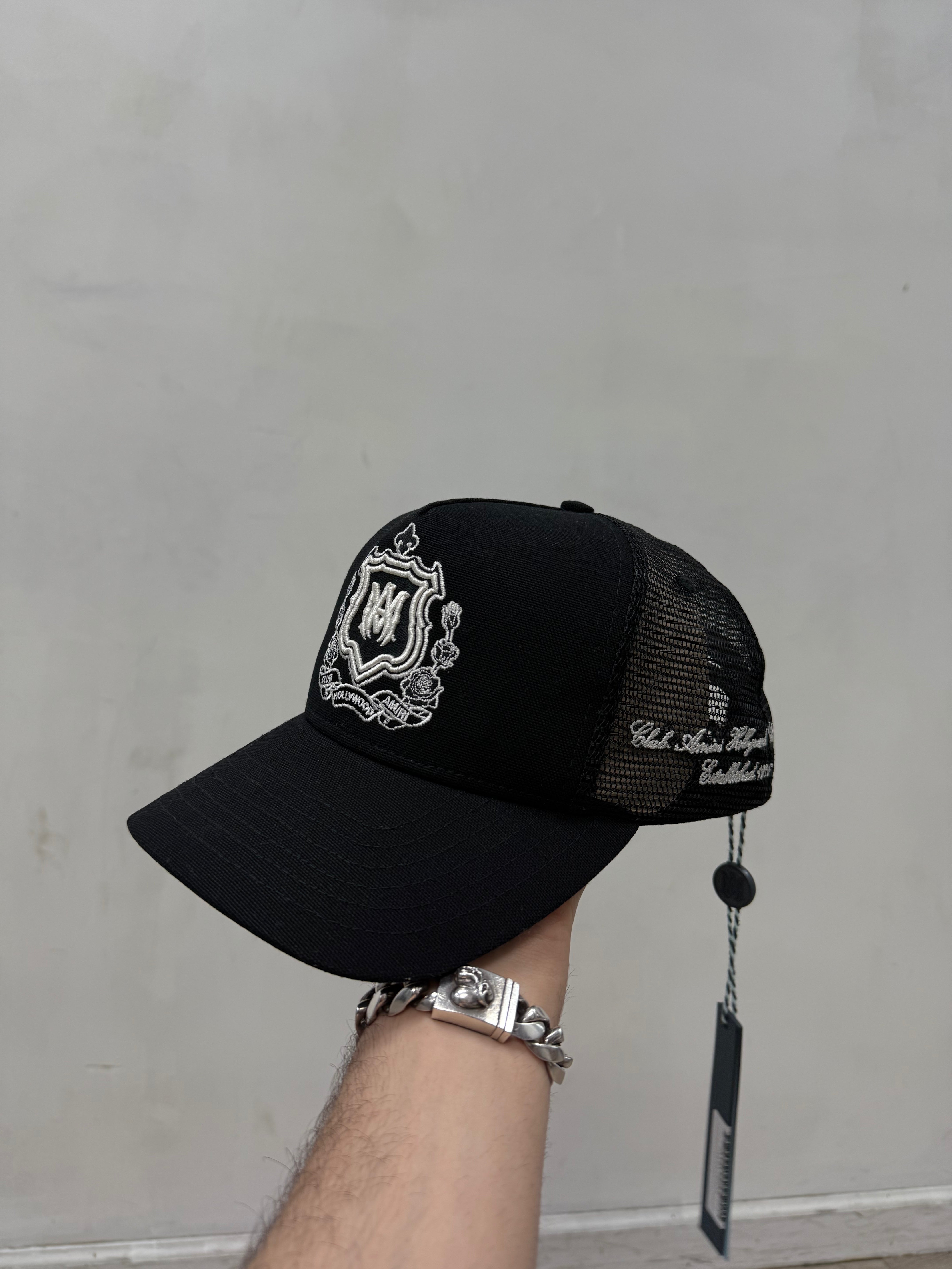 Amiri Black Cream Crest Logo Trucker Hat