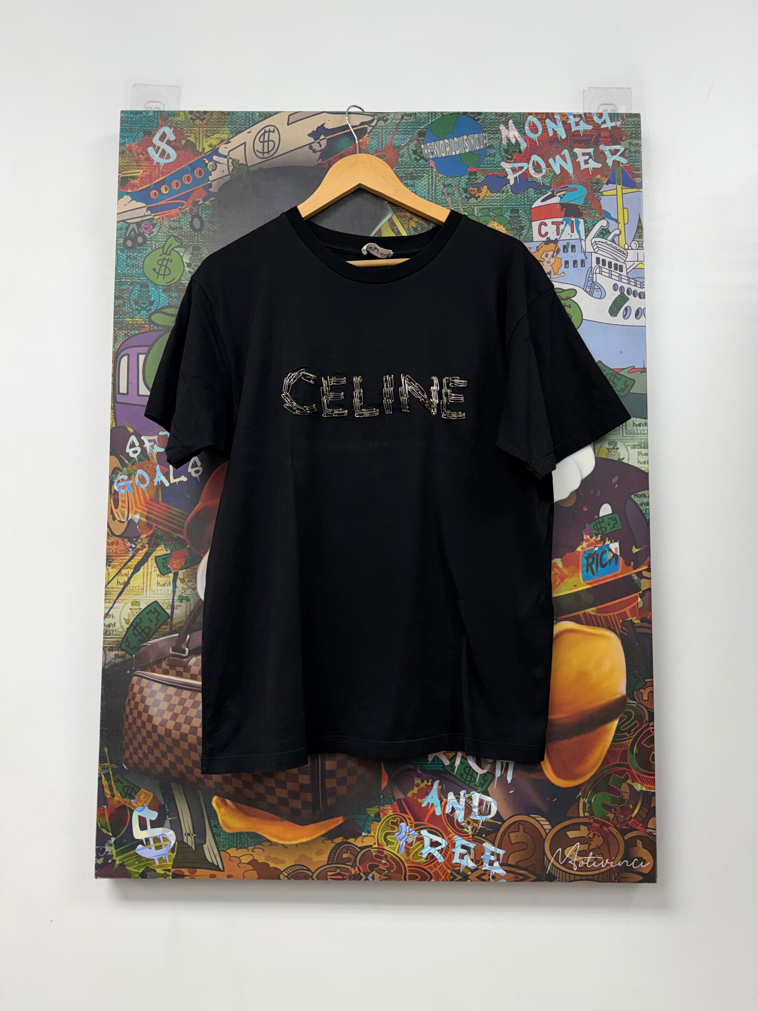 Celine Black Safety Pin Logo Tee