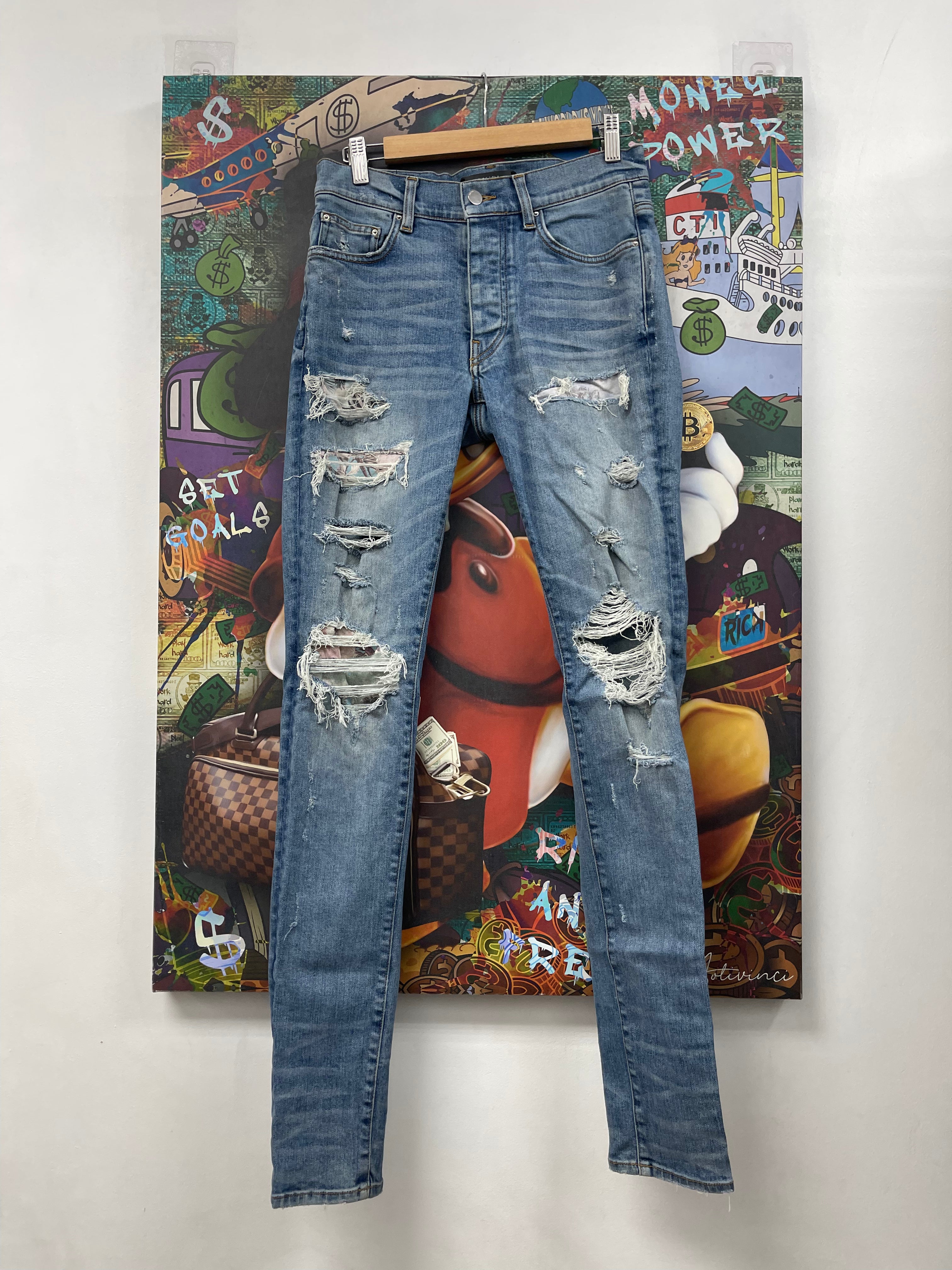 Amiri Light Wash Floral Hawaiian Patchwork Jeans