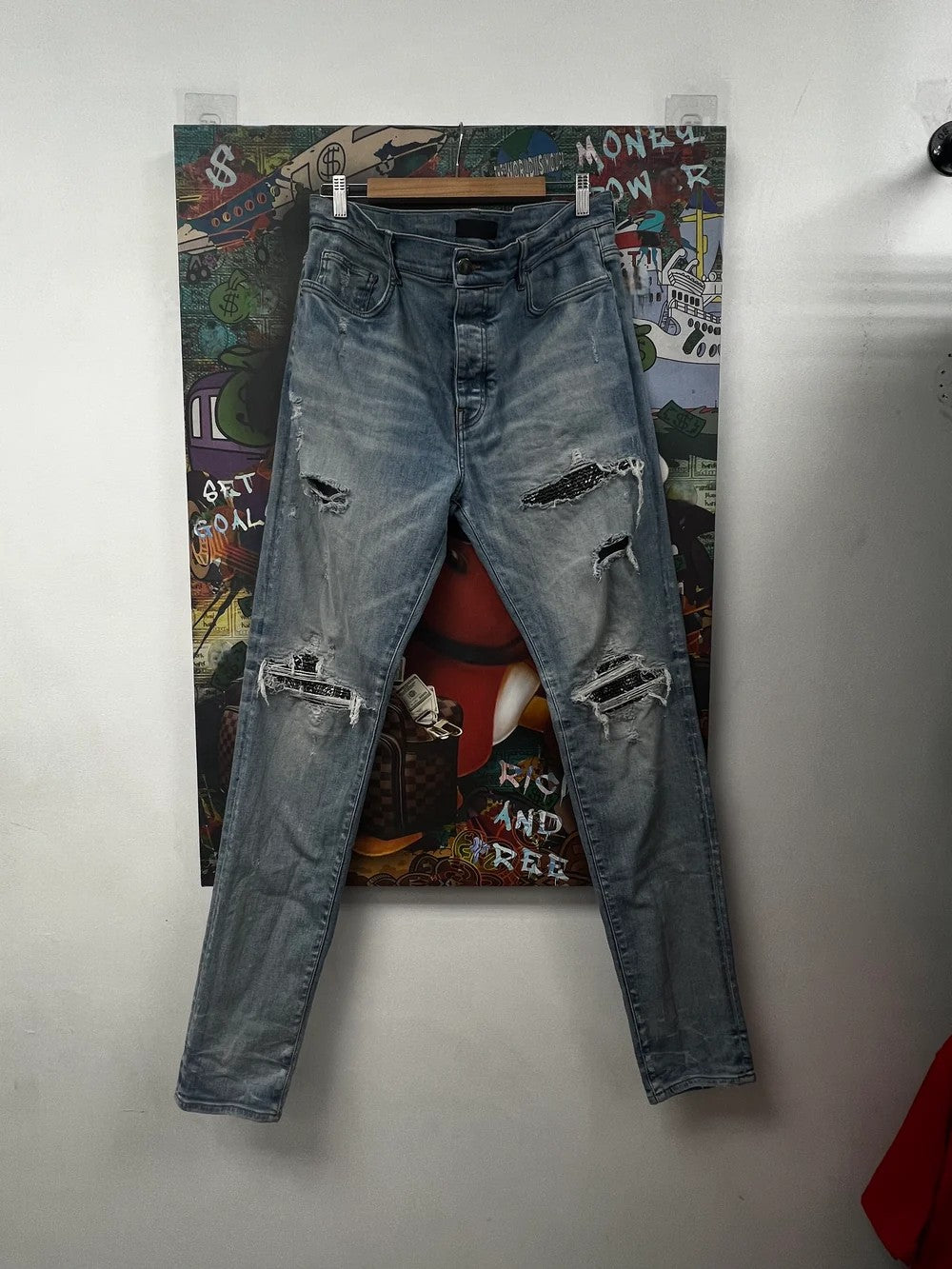 Amiri "MX1" Paisley Patch Light Wash & Black Jeans