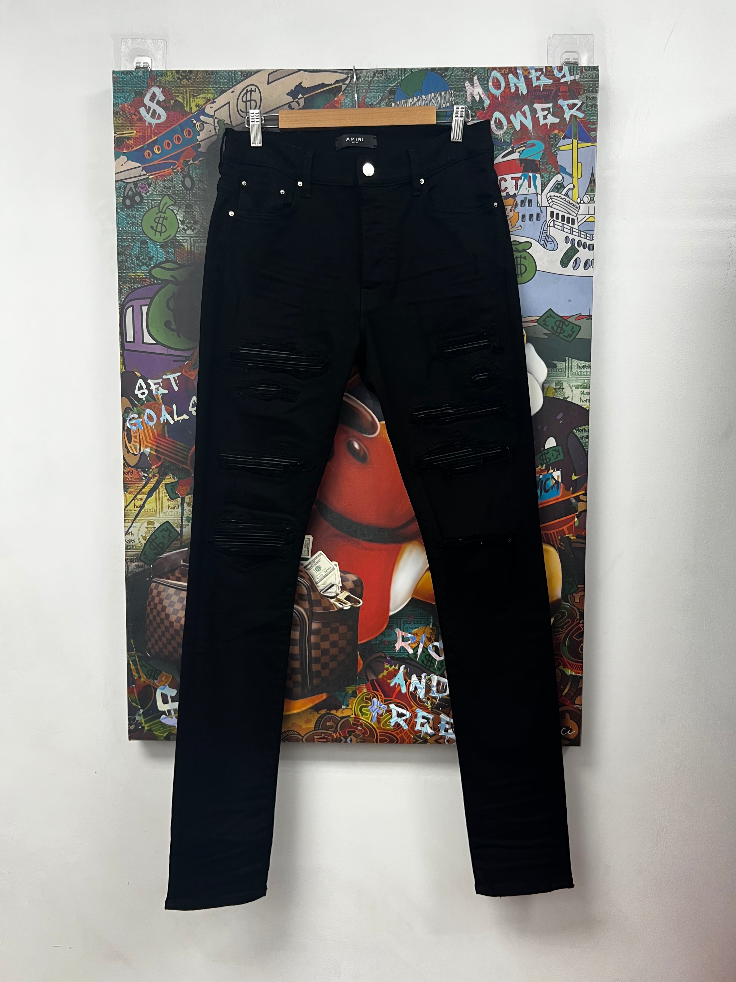 Amiri Black Leather Thrasher Patch Jeans