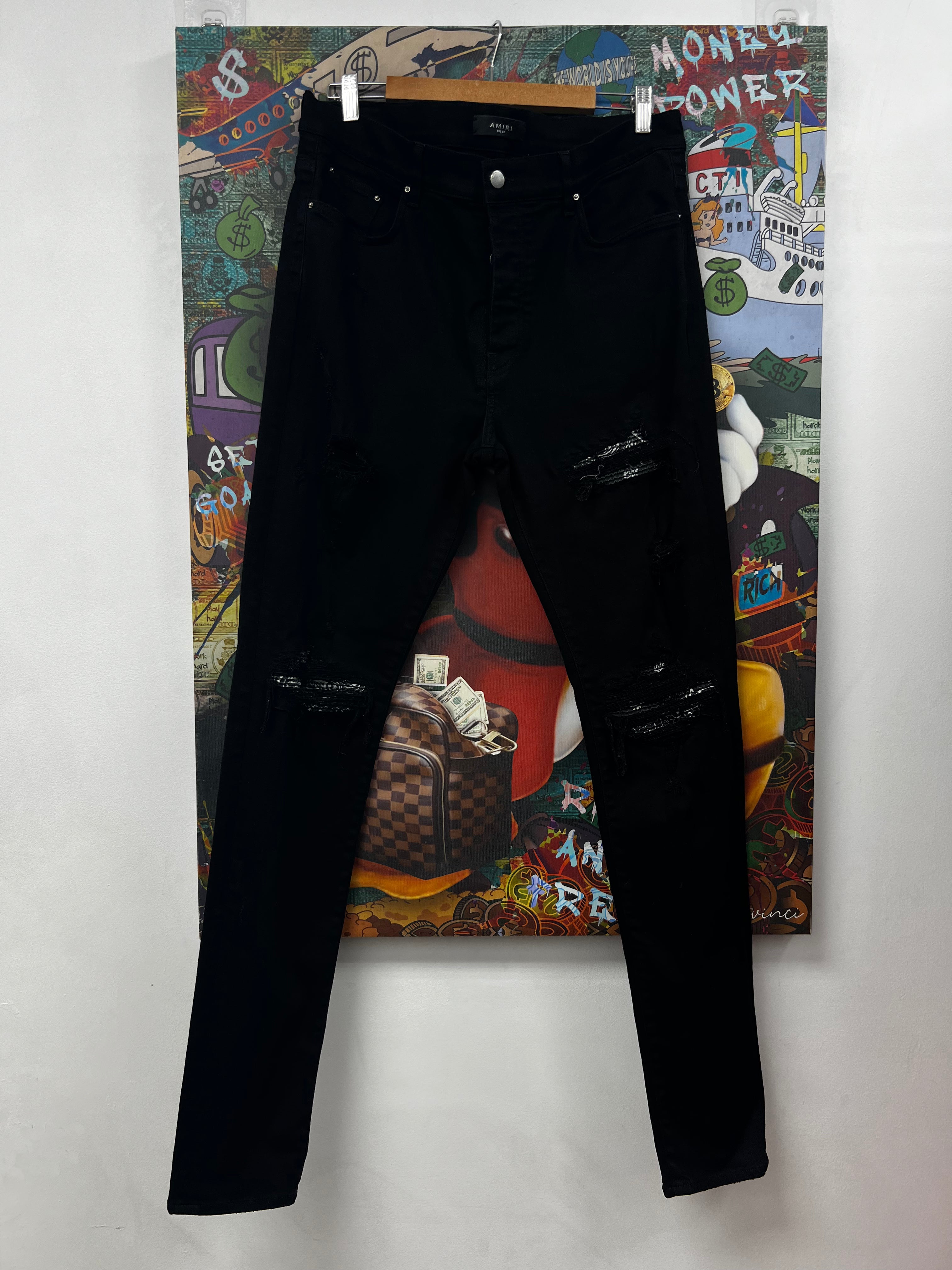 Amiri MX1 Light Wash Black White Paisley Patch Jeans