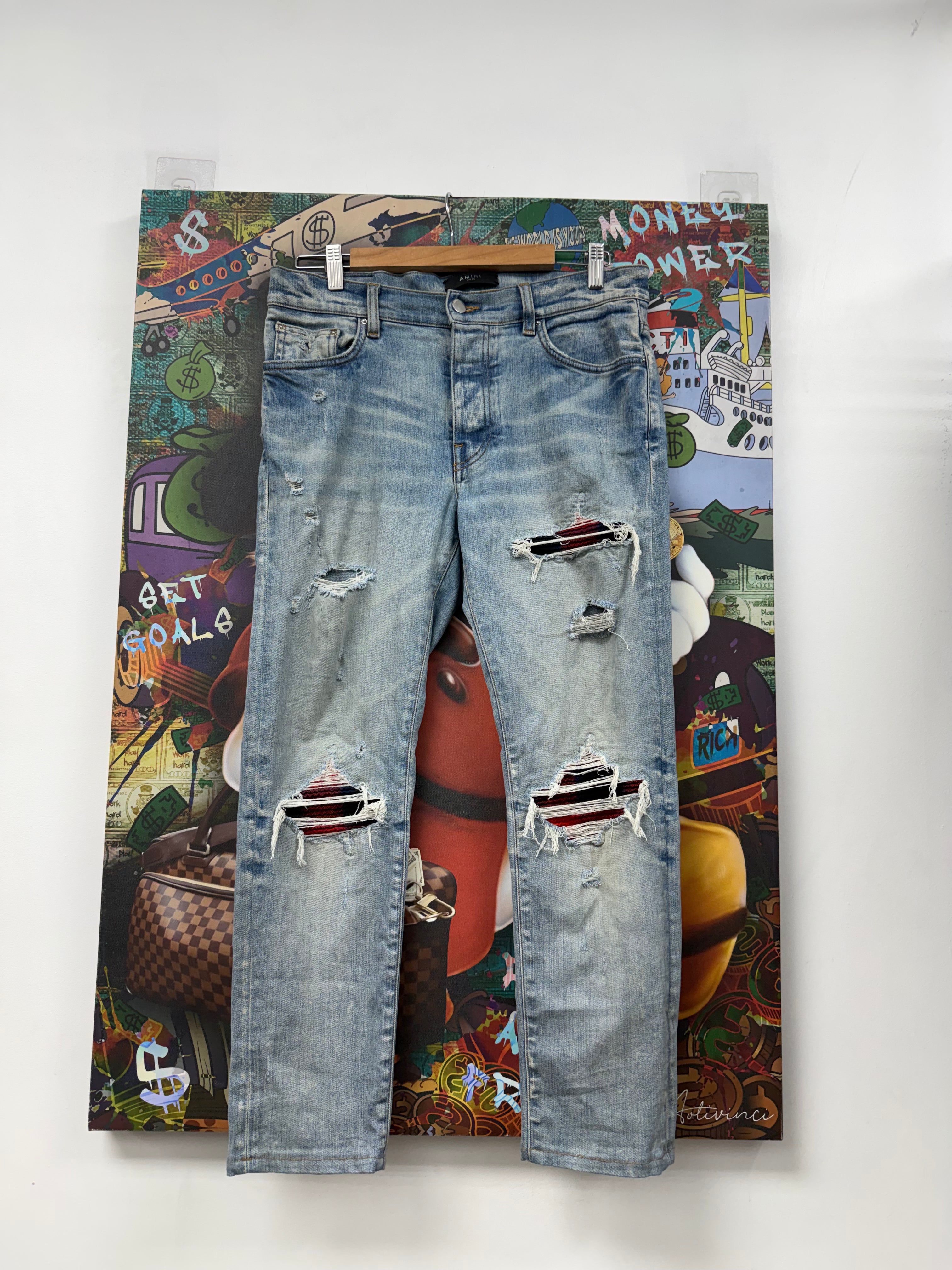 Amiri MX1 Light Wash Navy Red Plaid Patch Jeans