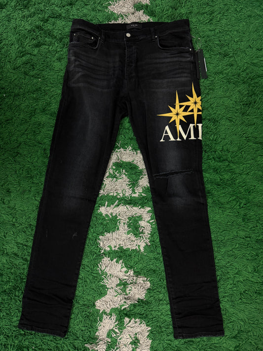 Amiri Jeans Black Yellow Starburst Denim Applique New 30 With Tags