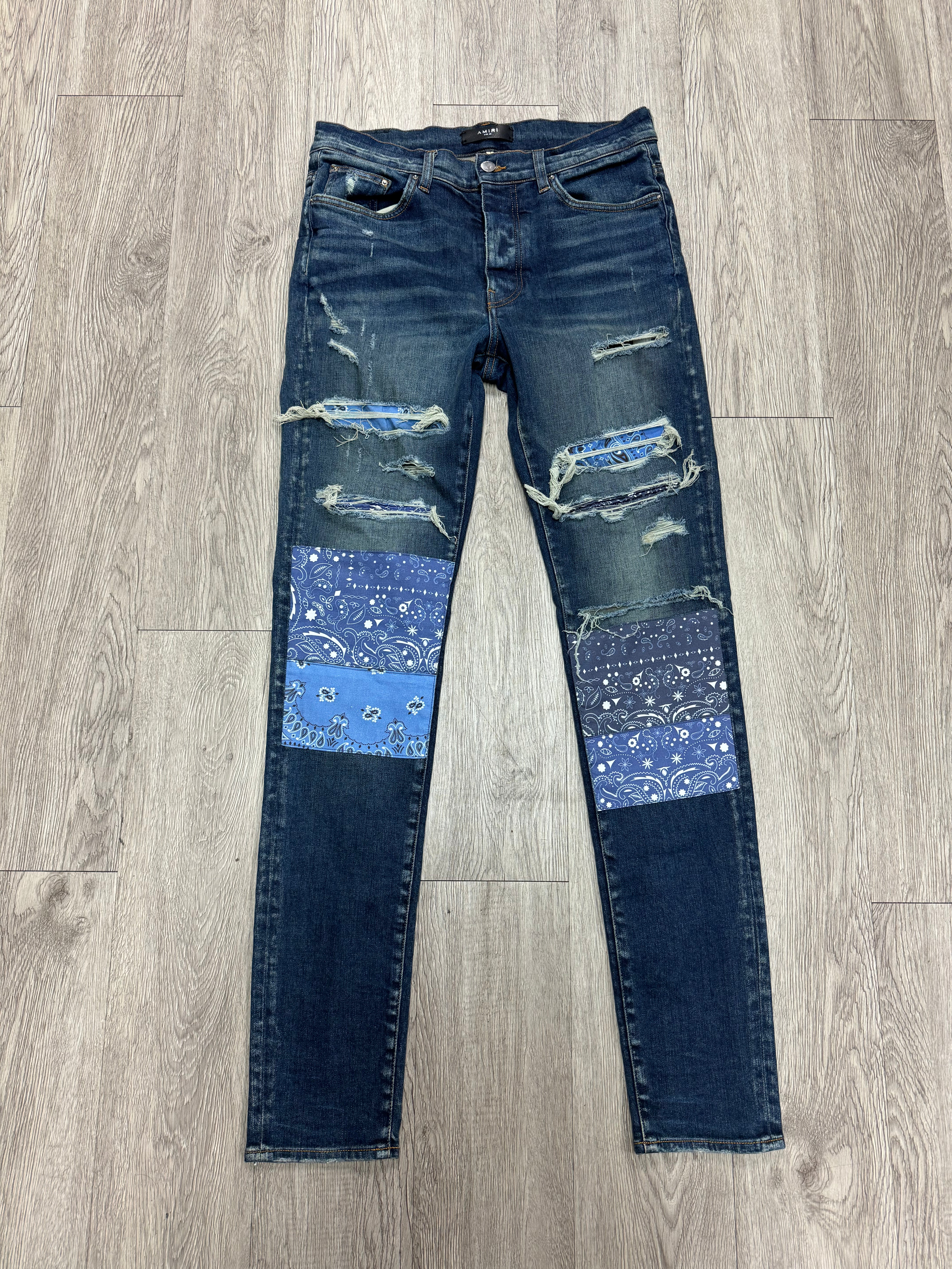 Amiri Dark Wash Blue Paisley Patchwork Jeans