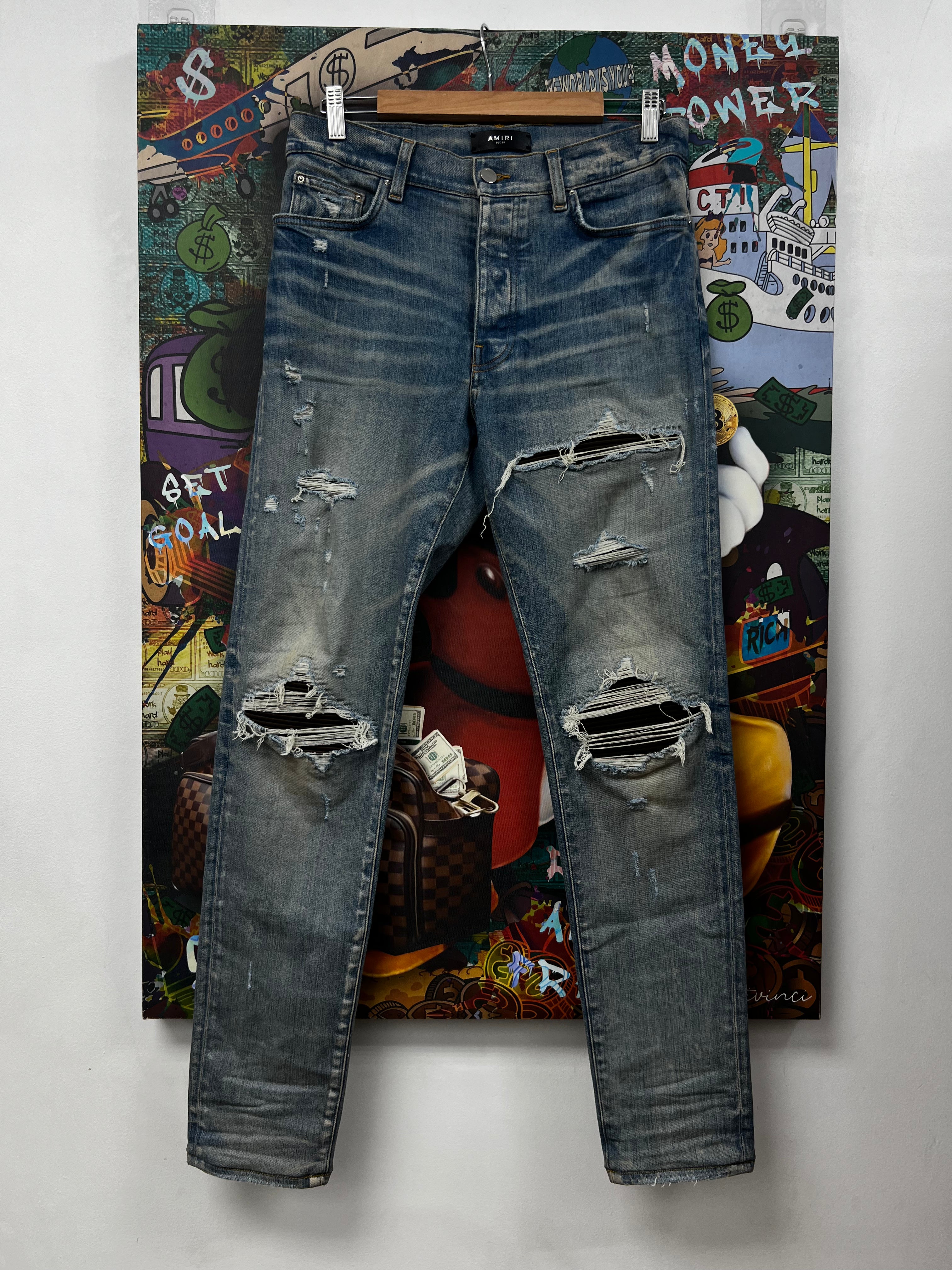 Amiri MX1 Light Wash Brown Ultra Suede Patch Jeans
