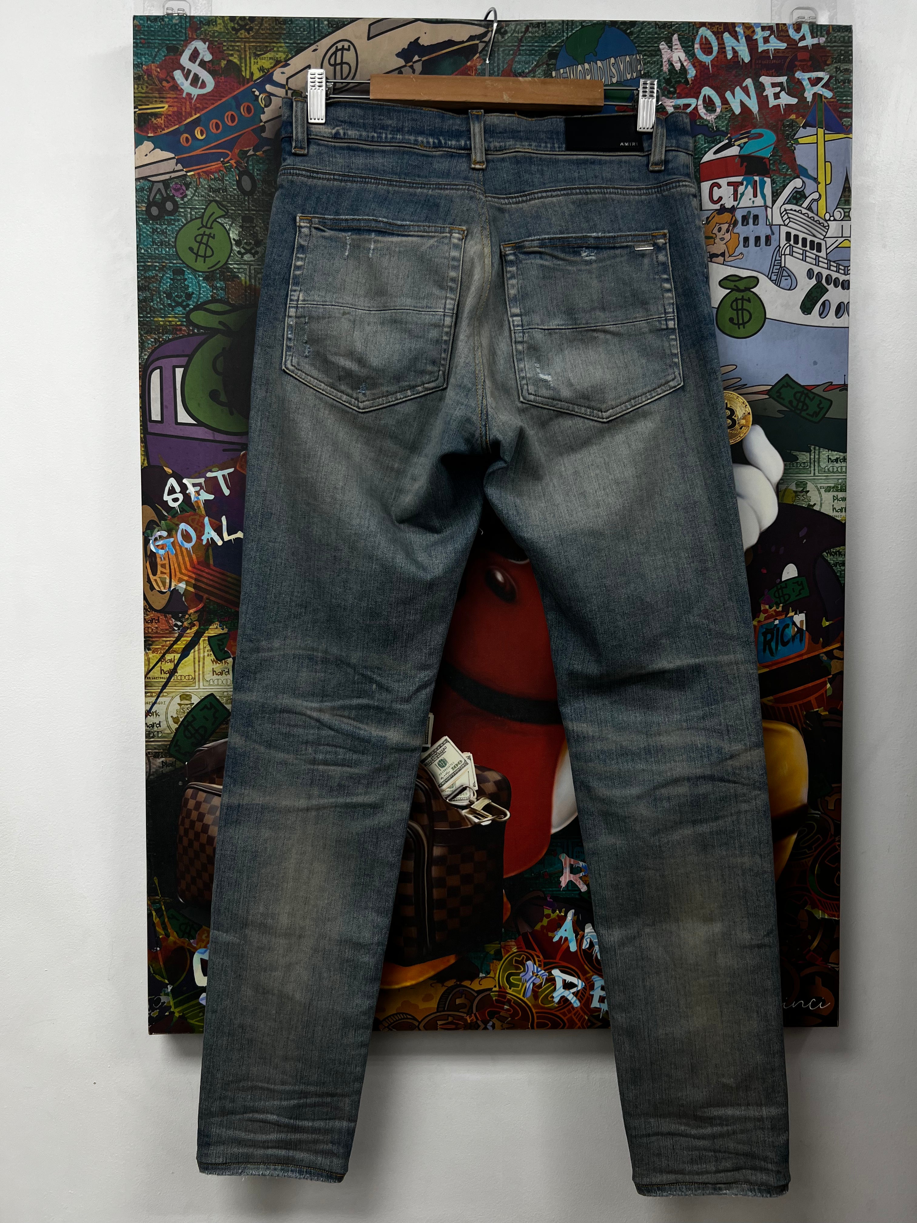 Amiri MX1 Light Wash Brown Ultra Suede Patch Jeans