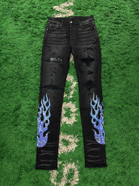 Amiri Jeans Black Blue Bandana Flames