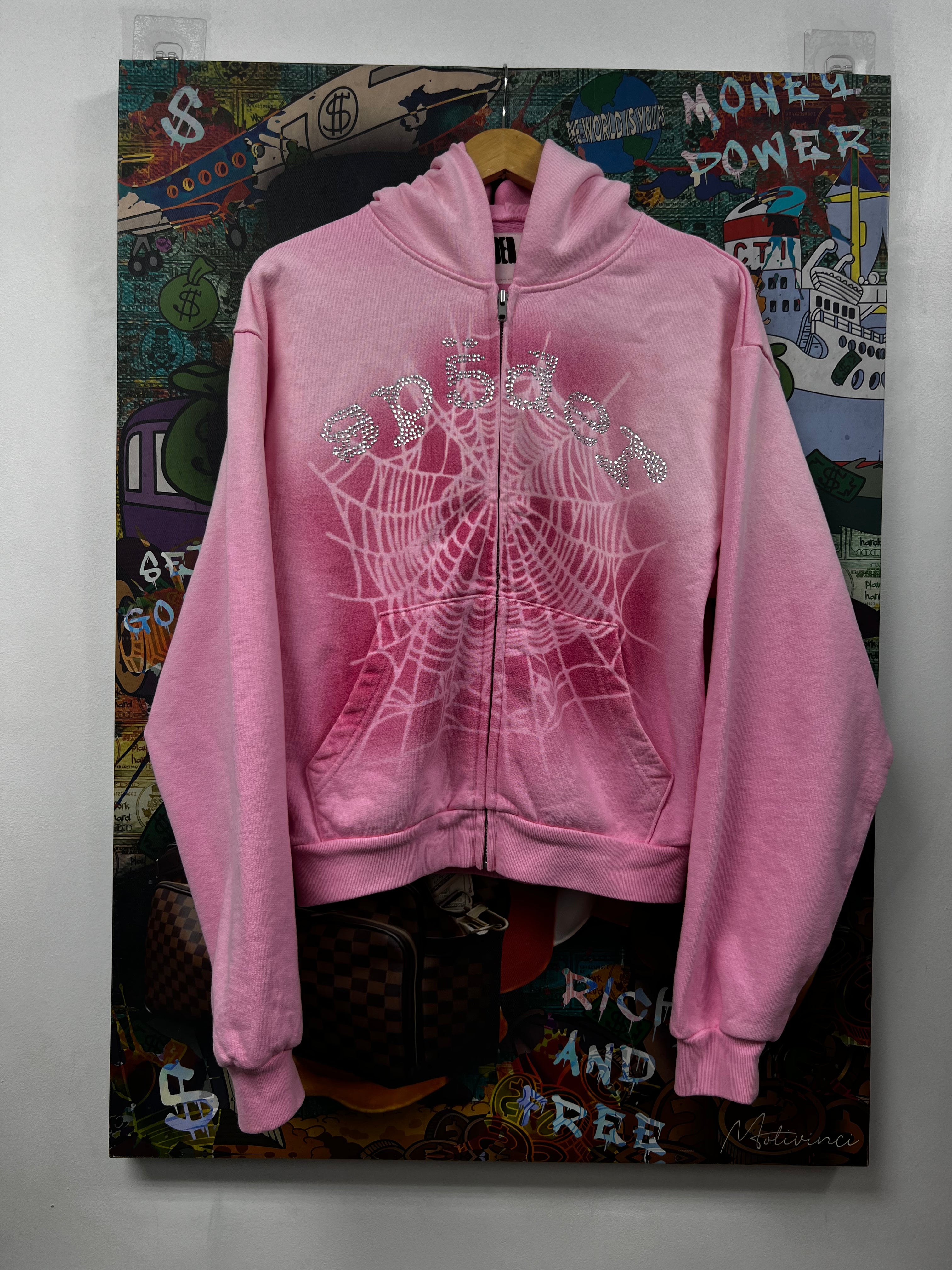 Sp5der Pink Gradient Web Zip Up Hoodie