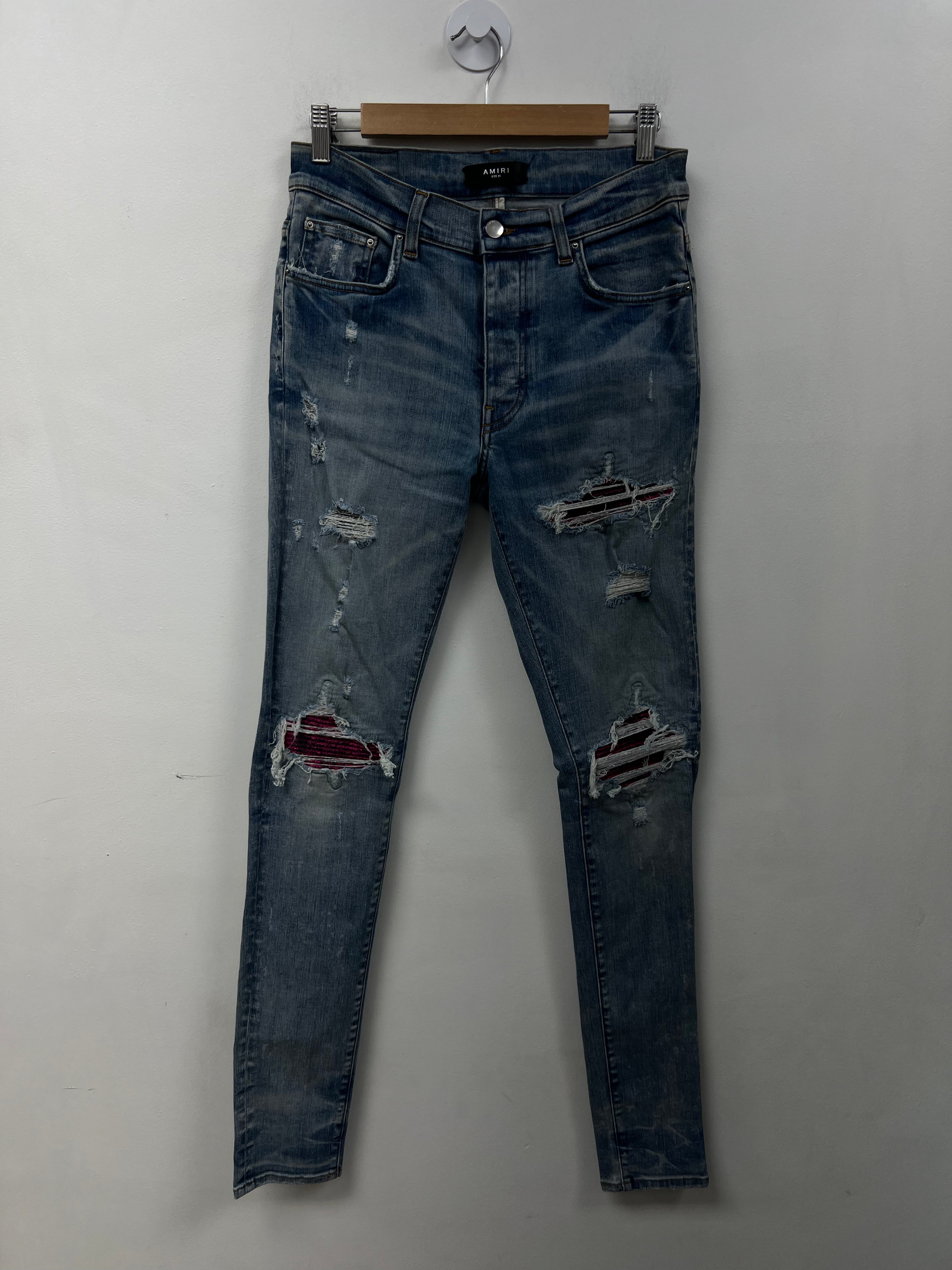 Amiri MX1 Light Wash Pink Crackle Patch Jeans