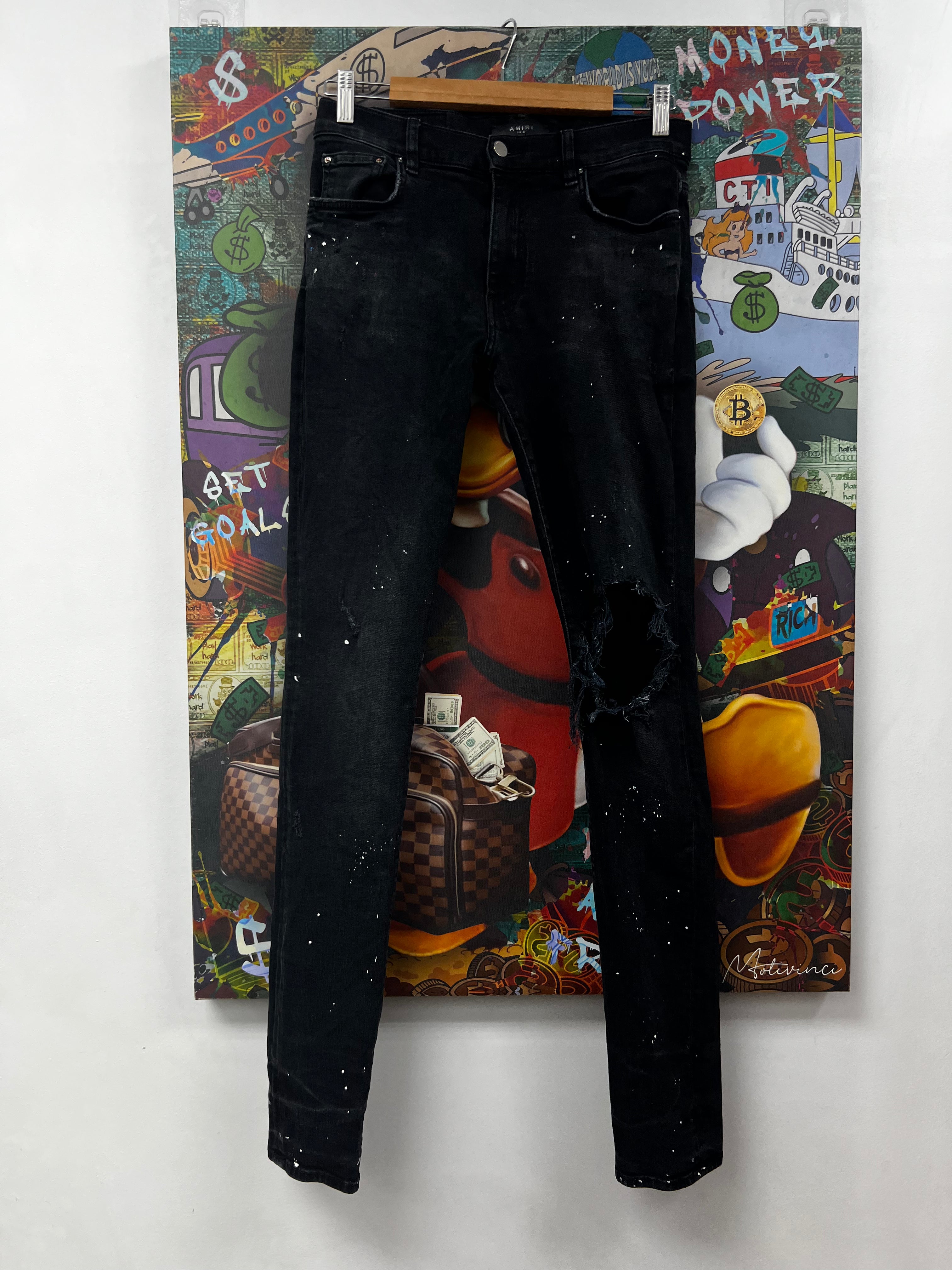 Amiri Black White Paint Splatter Knee Rip Jeans