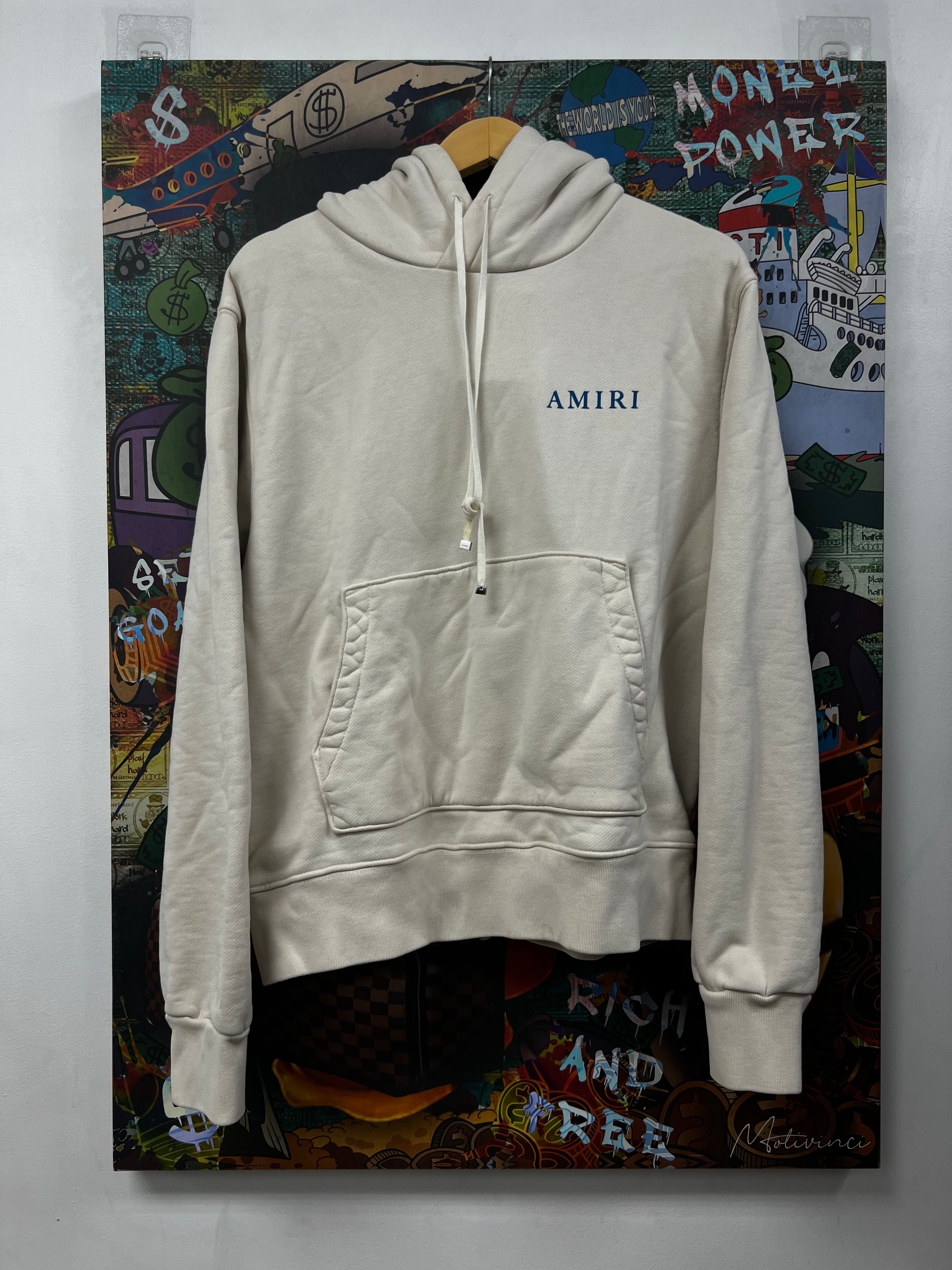 Amiri Cream Blue Logo Hoodie