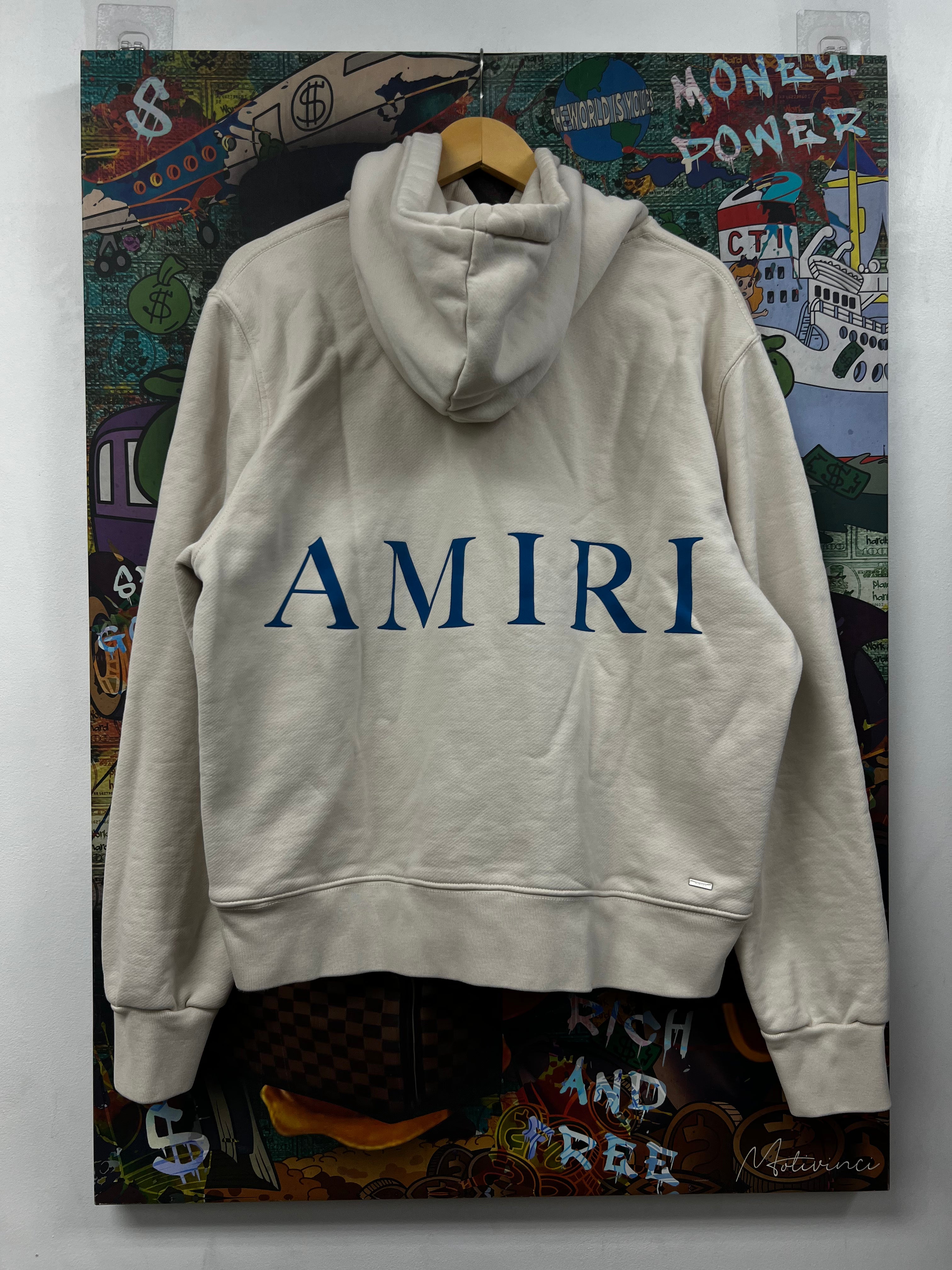 Amiri Cream Blue Logo Hoodie