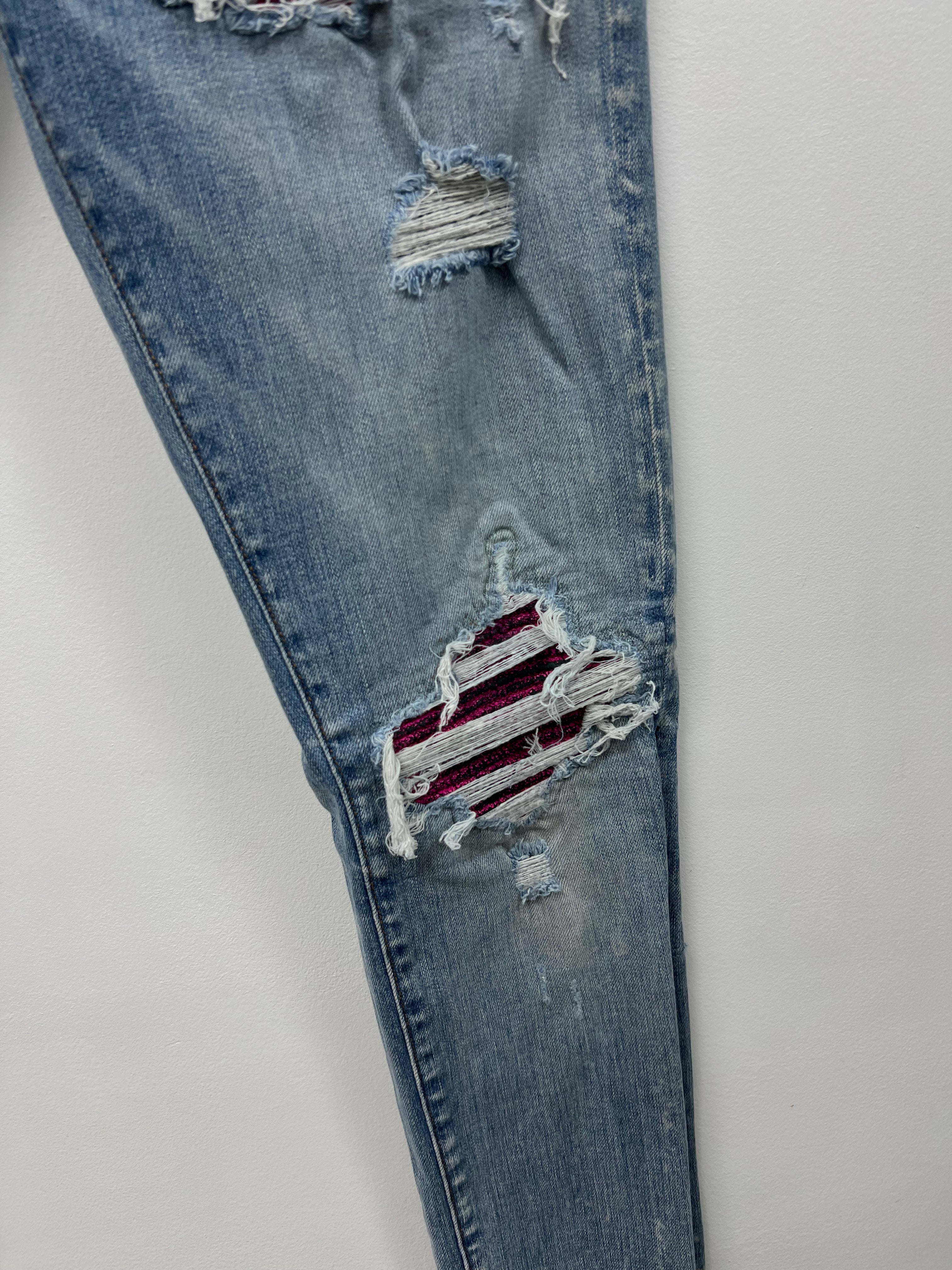 Amiri MX1 Light Wash Pink Crackle Patch Jeans