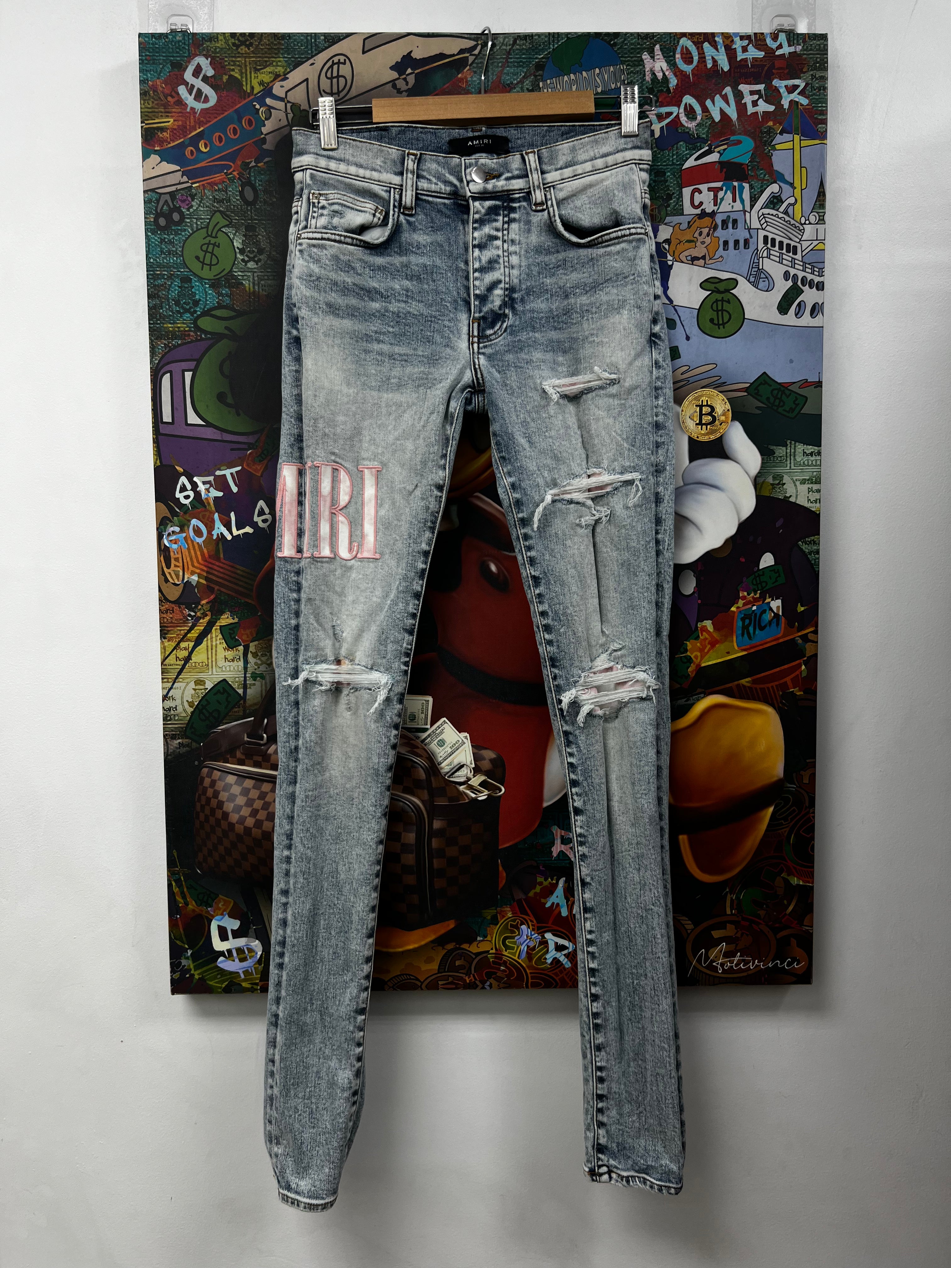 Amiri Stone Wash Pink Core Side Logo Patch Jeans