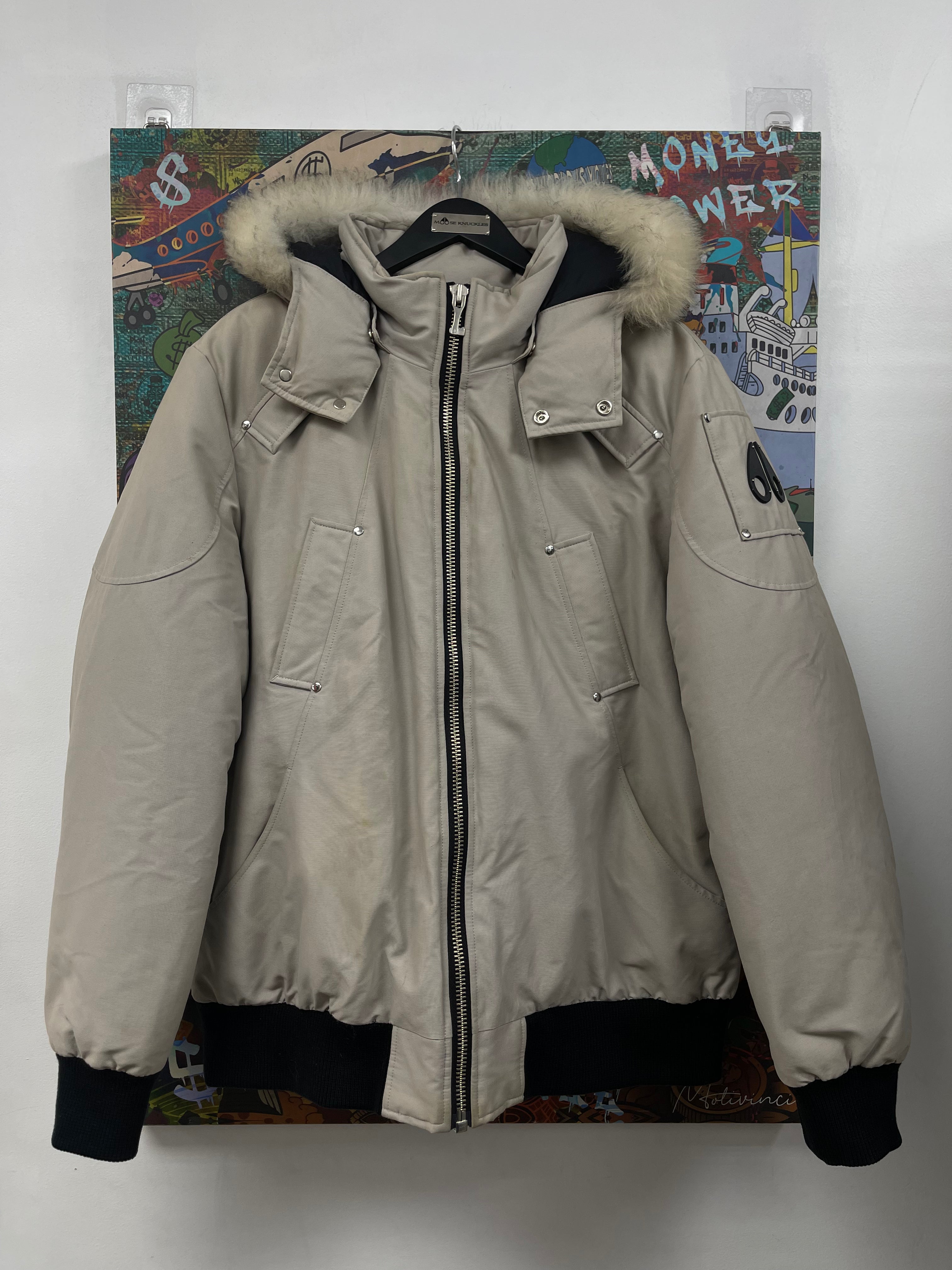 Moose Knuckles Tan White Fur (Dry Clean) Bomber Jacket