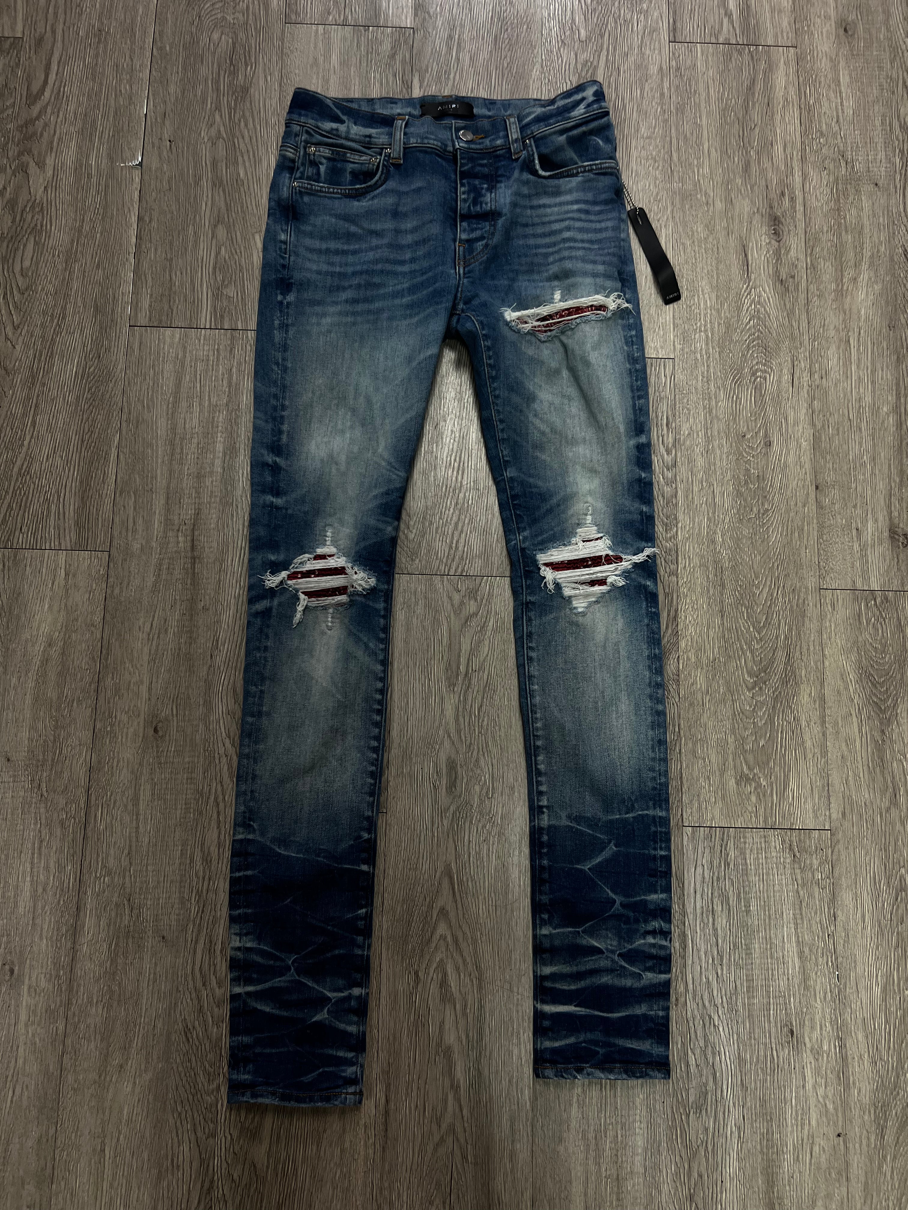 Amiri MX1 Dark Wash Red Paisley Patch Jeans