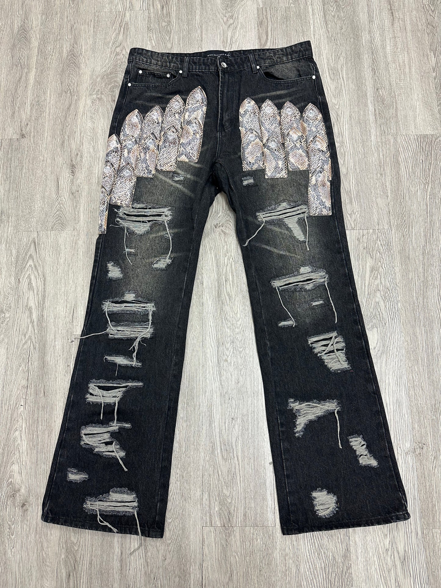 WDW Patched Arched Denim Black Snakeskin New 36 With Tags